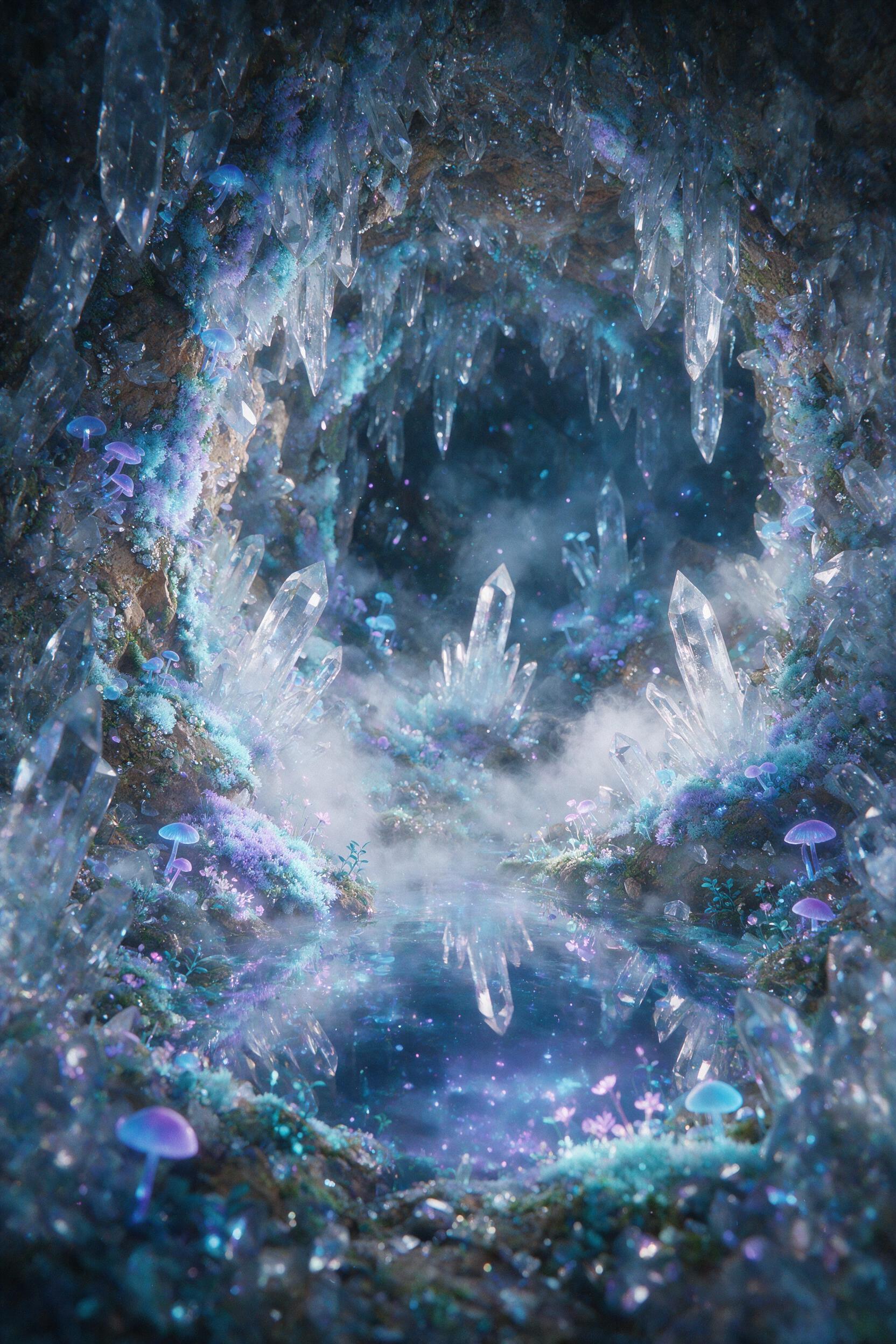 A luminous crystal cave deep underground, bioluminescent moss and fungi casting soft blue and purple light on jagged quartz formations, a small pool of glowing water reflecting the cavern ceiling, mist swirling gently, ethereal atmosphere, shallow depth of field, subtle grain