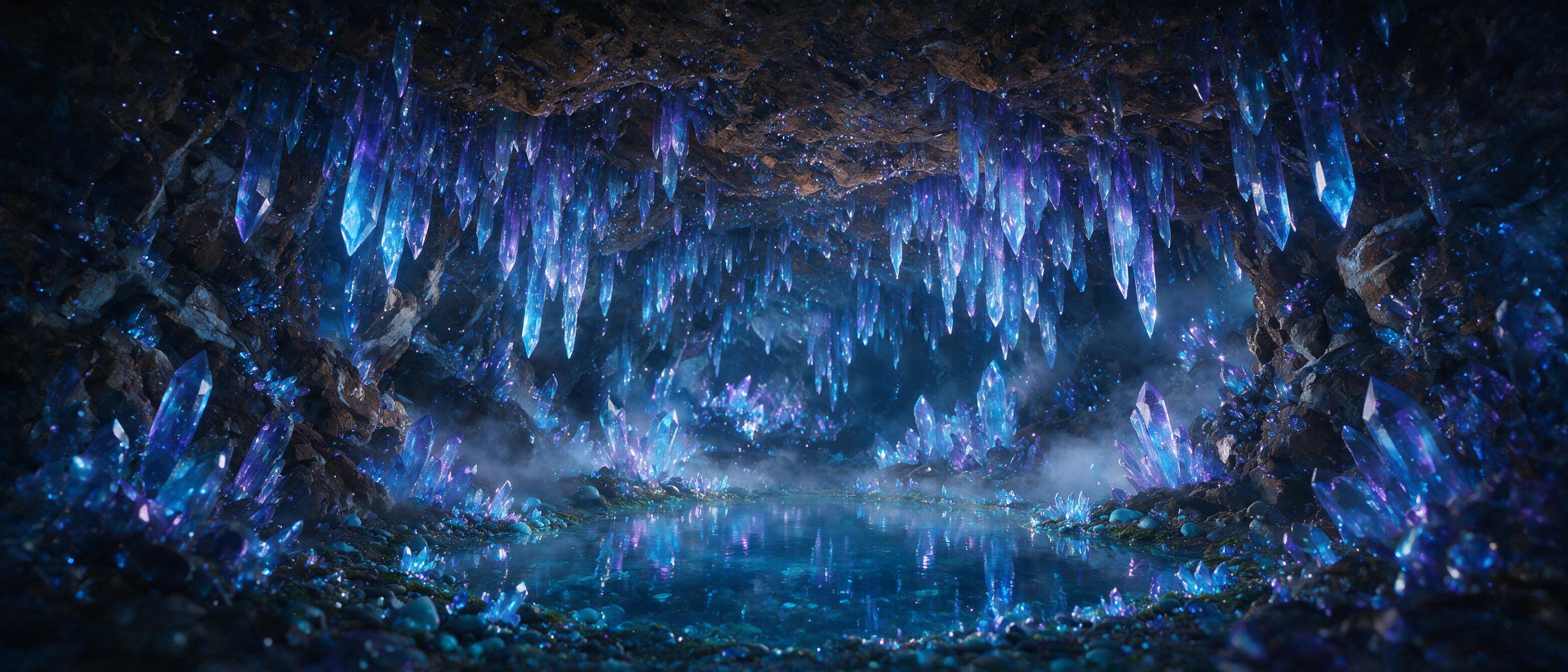 A luminous crystal cave deep underground, glowing blue and purple stalactites hanging from a rough ceiling, a small pool of clear water reflecting the bioluminescent light, soft mist rising, ethereal atmosphere, wide-angle view, majestic scale