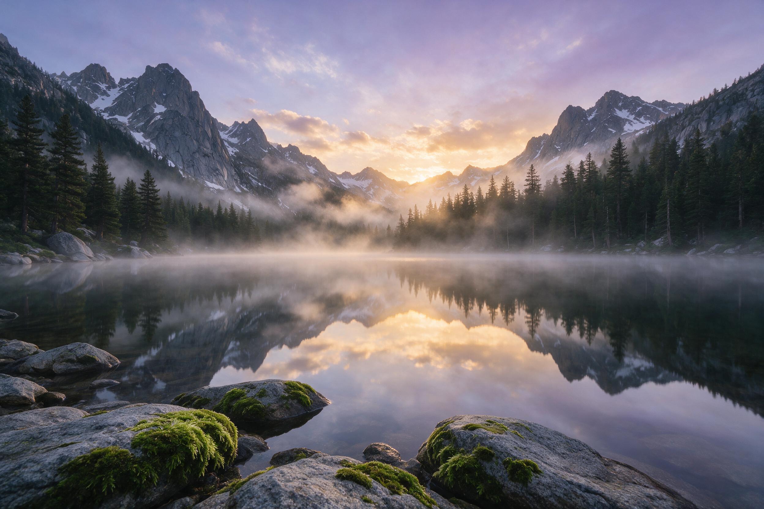 Mist-covered mountain lake at dawn, glassy water reflecting pine forests and granite peaks, soft golden sunrise light filtering through clouds, long exposure smooth water surface, subtle purple and blue tones in sky, peaceful atmosphere, foreground rocks with moss details, 35mm lens composition