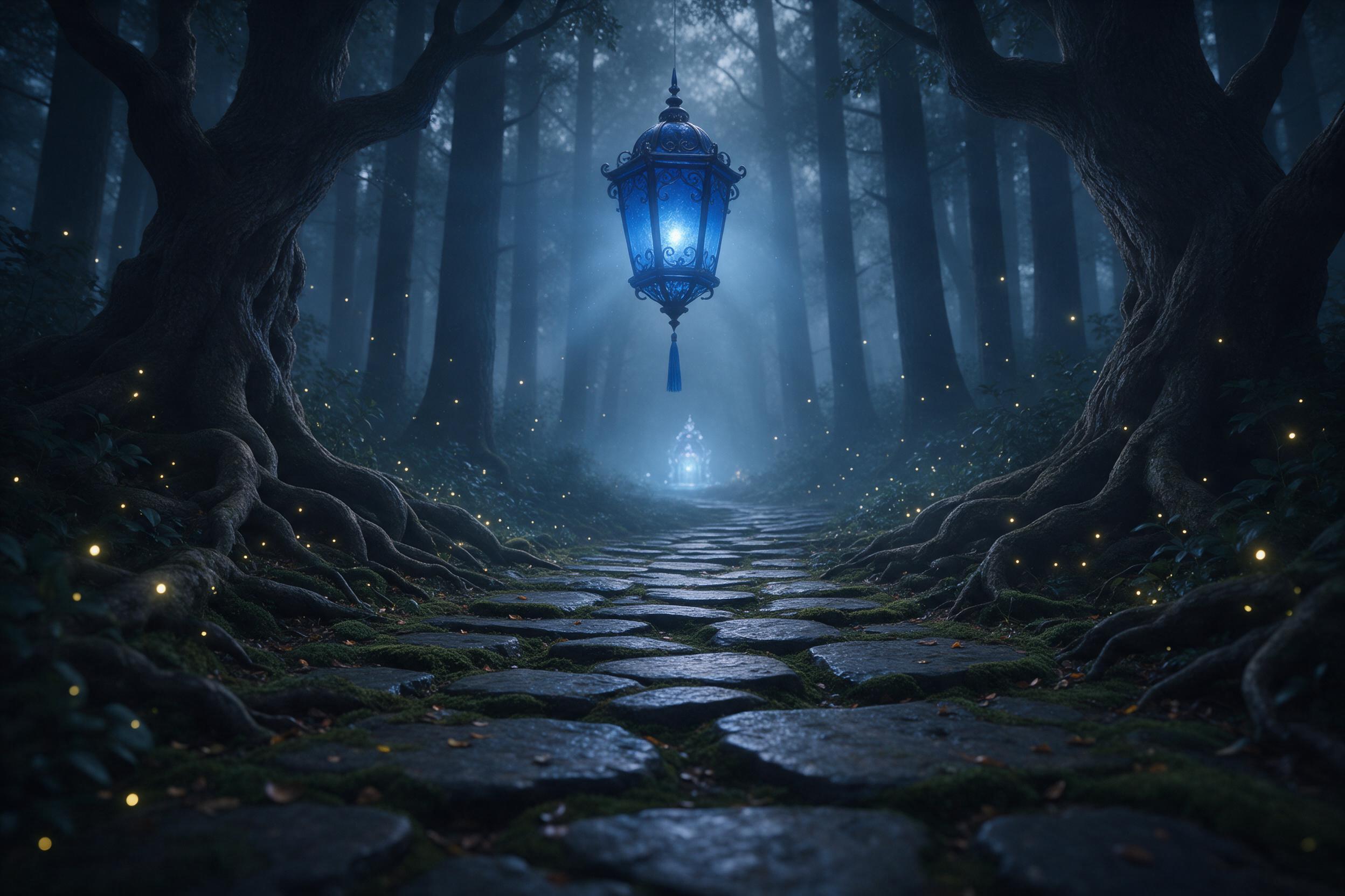 In a misty ancient forest, a lone blue lantern floats above a moss-covered stone path, glowing softly against the twilight. Fireflies drift among gnarled oak roots, their light catching the damp air. Composition: low angle, lantern centered above a winding trail leading to a distant, faintly glowing