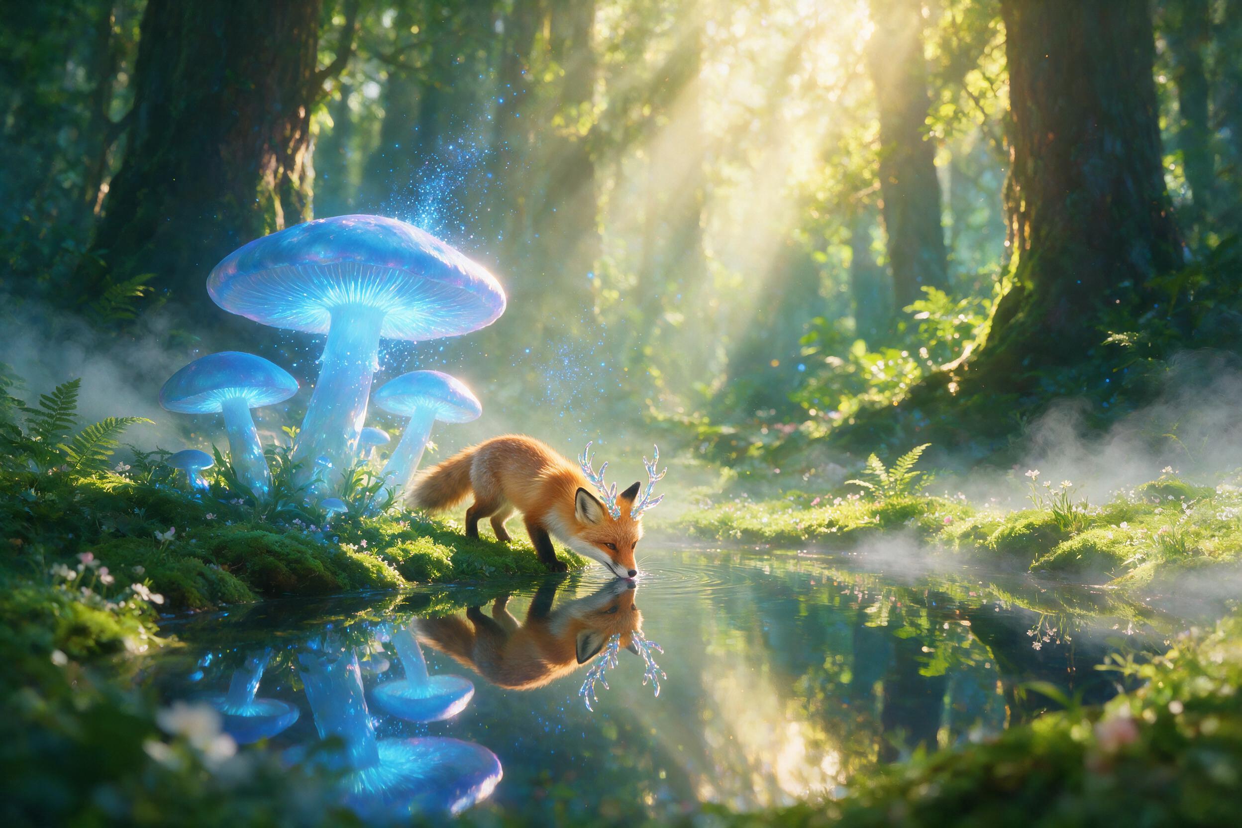 A sunlit forest clearing where giant glowing mushrooms emit soft blue spores, a tiny fox with crystal antlers drinks from a mirror-like pond, mist swirling, ethereal light rays piercing canopy, shallow depth of field, vibrant colors, painterly digital art style