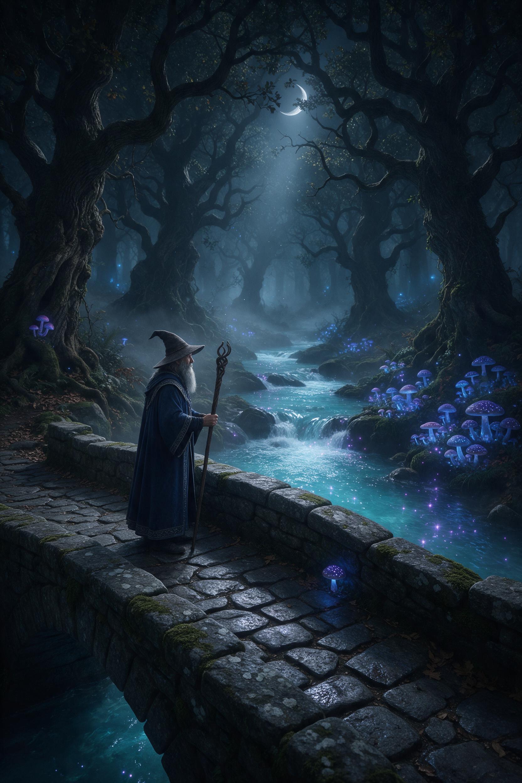 A lone wizard stands on a moss-covered stone bridge over a glowing turquoise river in an ancient enchanted forest, bioluminescent mushrooms casting soft blue light, mist weaving between towering twisted oaks, a crescent moon peeking through the canopy, water refracting sparks of violet, the wizard's