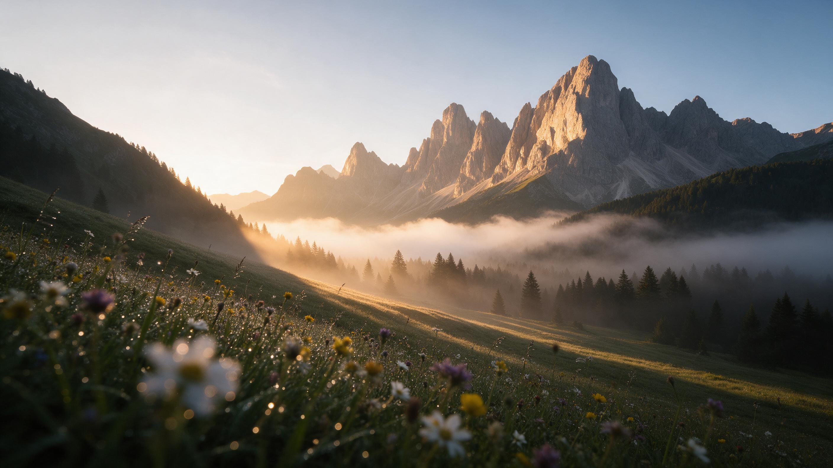 Sunrise over a misty alpine valley, sharp granite peaks glowing warm gold, low clouds weaving through pine forest below. Foreground: dewy wildflowers with soft bokeh. Side lighting casts long shadows, air crisp with light haze. Composition: leading diagonal from flowers to peaks, wide-angle. Natural