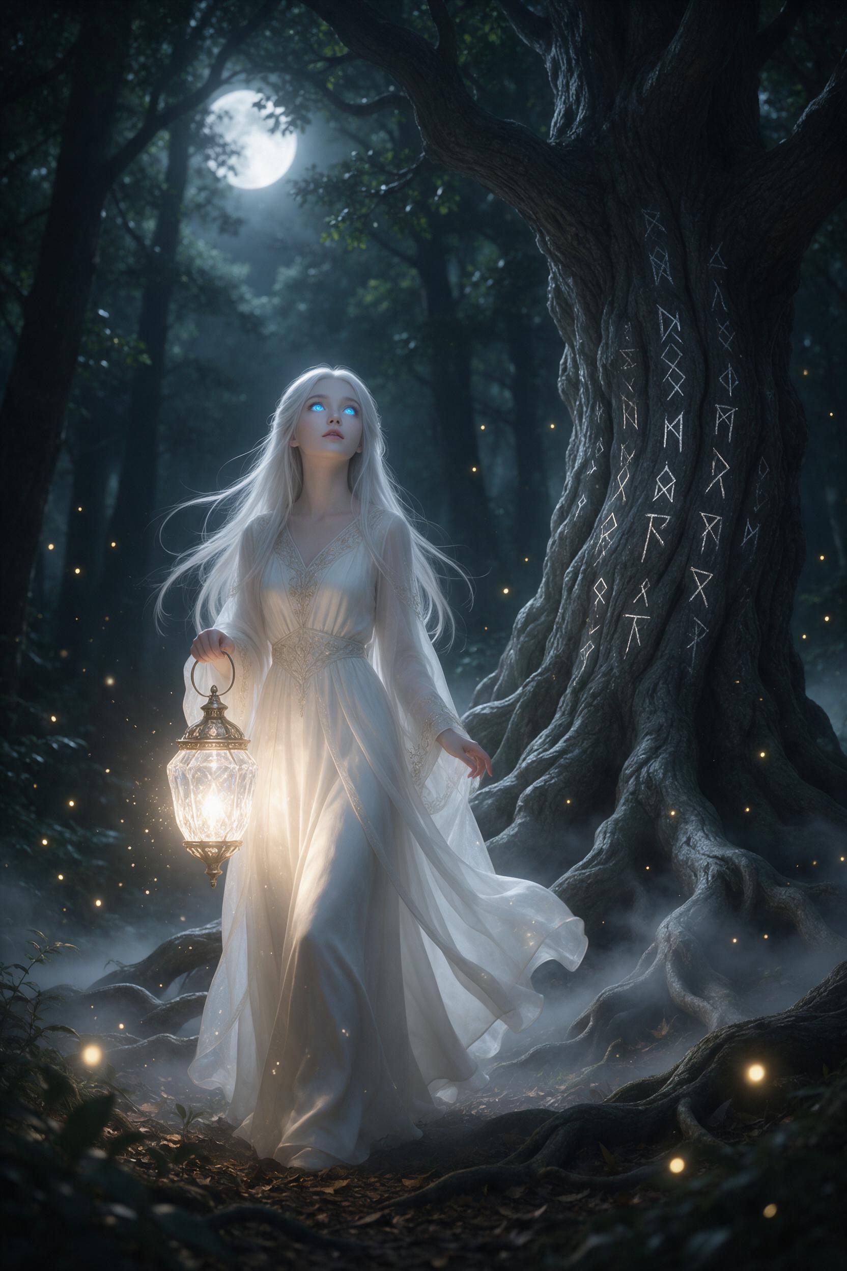 In a moonlit forest, a young woman with silver hair and glowing blue eyes stands before a massive ancient oak, its bark covered in runes. Soft mist weaves between gnarled roots, while fireflies drift like tiny lanterns. Warm golden light spills from a crystal lantern in her hand, casting gentle shad