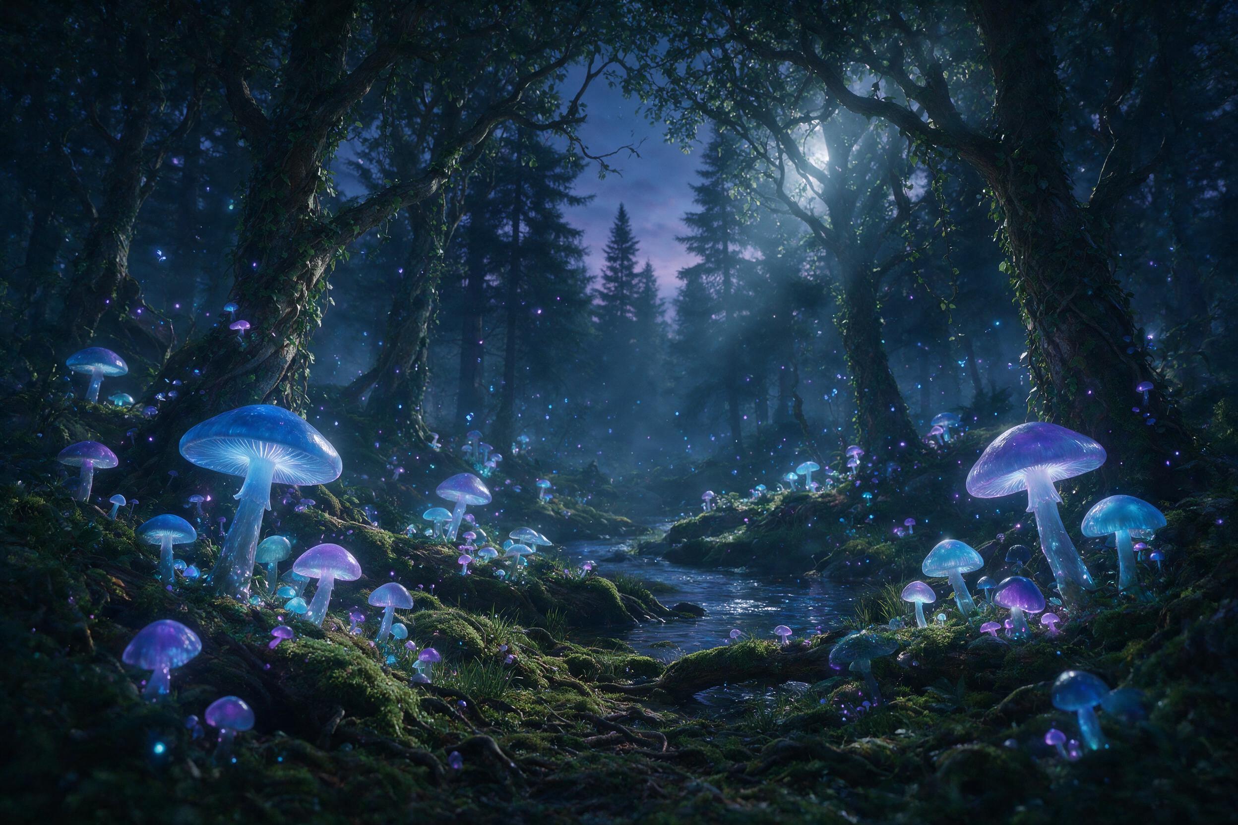 A glowing, translucent mushroom forest in a misty, twilight forest, with bioluminescent blue and purple spores floating in the air. Gentle beams of moonlight filter through the canopy, casting soft shadows on the damp mossy ground. The scene is peaceful, with a slight atmospheric haze and a shallow 