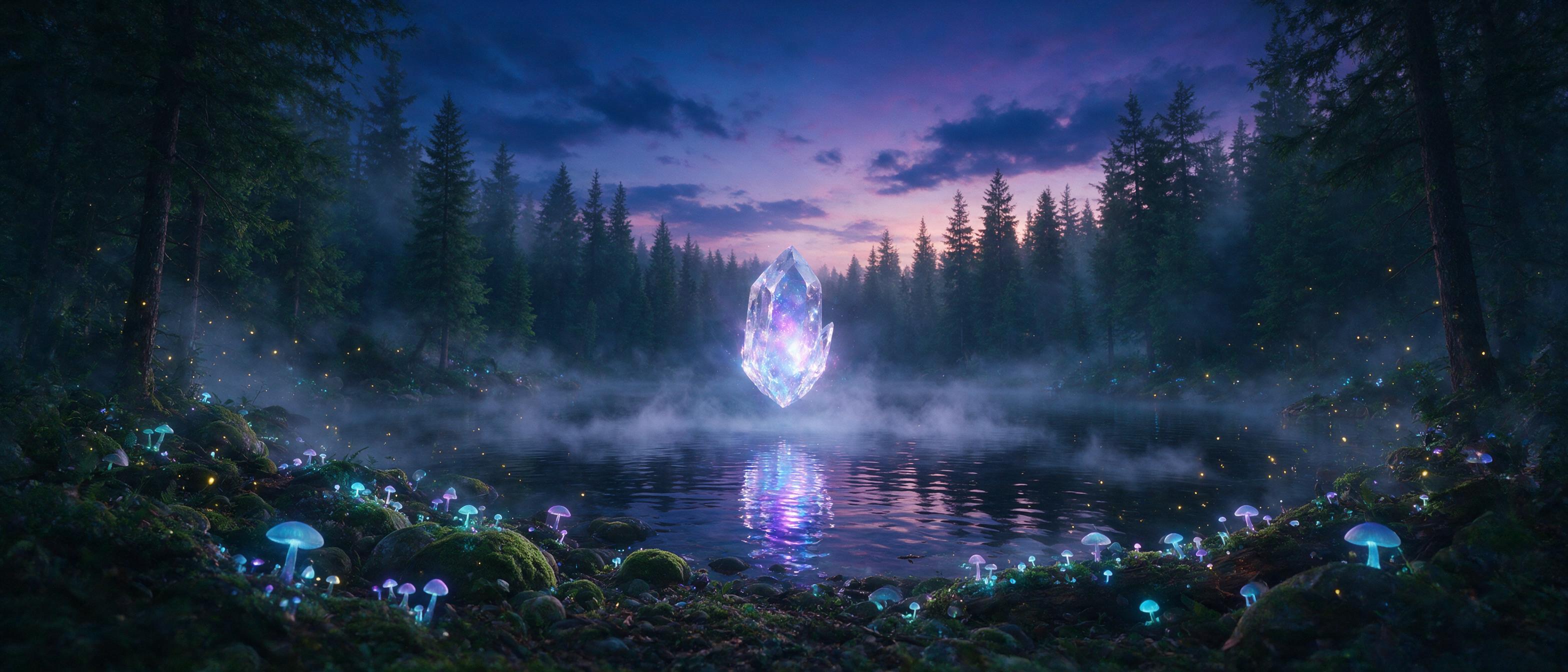 A glowing crystal floating above a misty forest lake at twilight, bioluminescent mushrooms lining the shore, soft purple and blue light reflecting on the water, fireflies dotting the air, gentle fog, dreamy atmosphere, cinematic composition