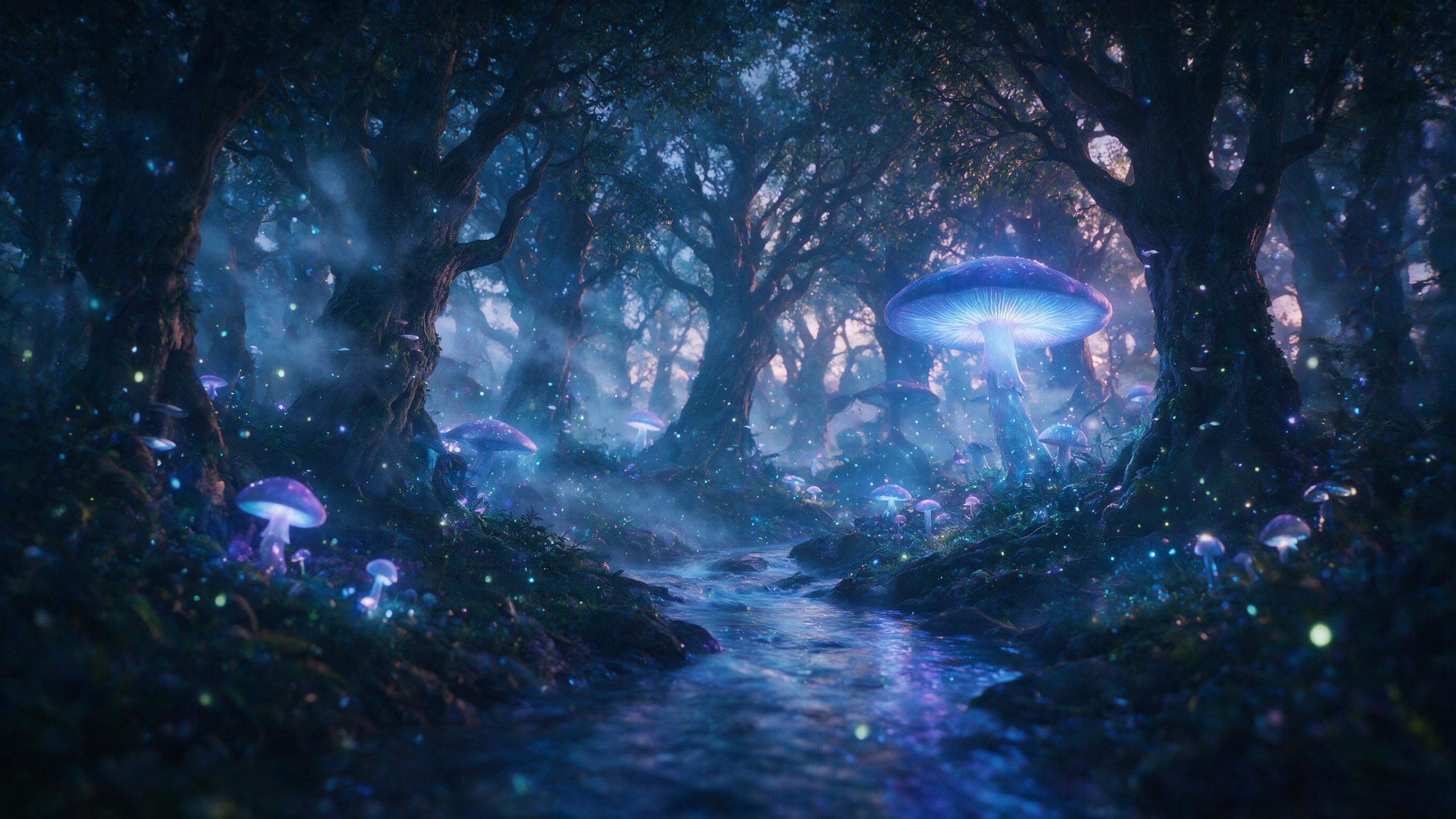 A luminous bioluminescent forest at twilight, giant glowing mushrooms casting soft blue and purple light on a winding stream, floating firefly-like spores, mist weaving through ancient gnarled trees, ethereal atmosphere, shallow depth of field, soft focus on the stream, cinematic composition.