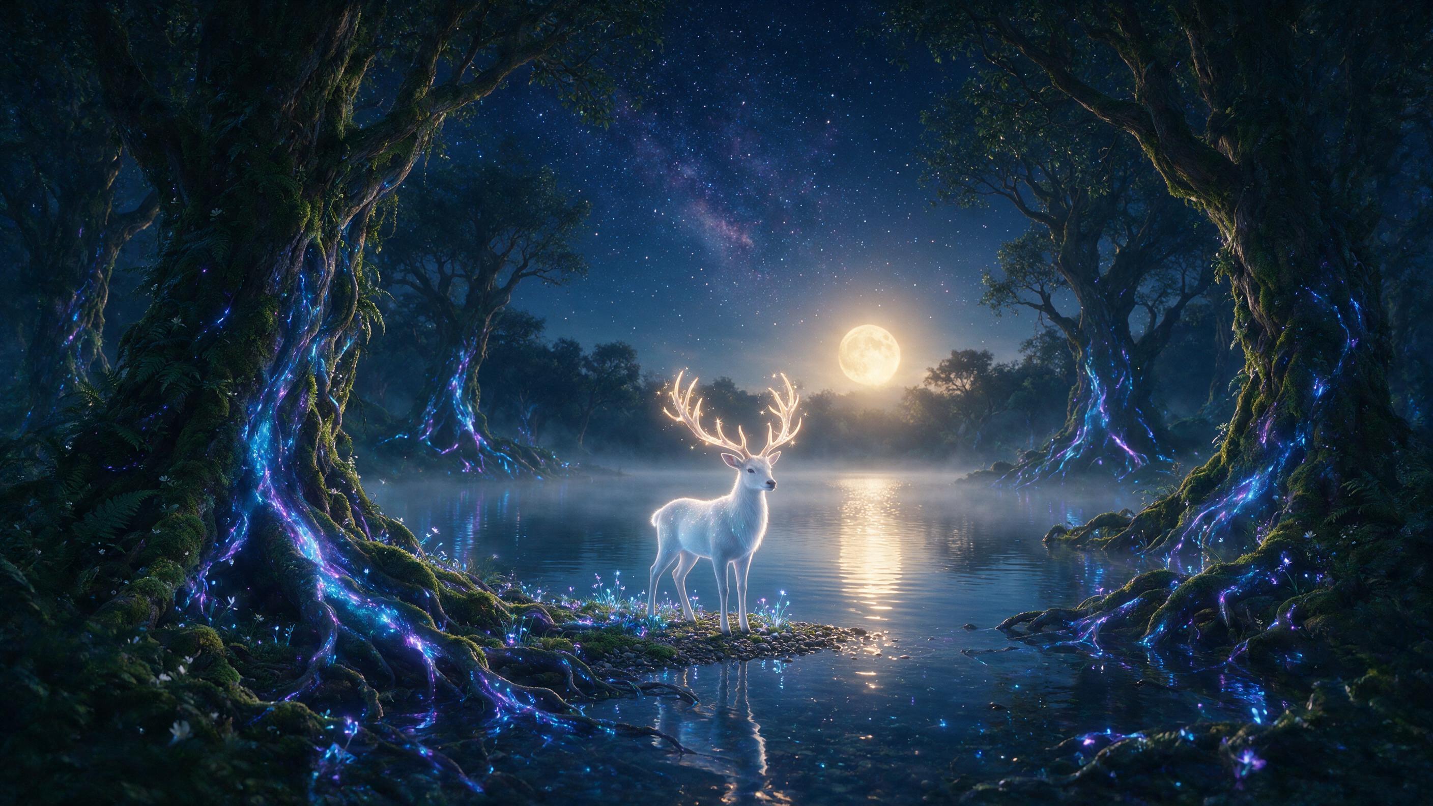 A serene moonlit lake surrounded by ancient, bioluminescent trees with glowing blue and purple roots weaving into the water. Soft mist hovers above the surface, reflecting the starry sky. A single, ethereal white deer stands on the shore, antlers glowing with faint golden light. Warm, low-angle moon
