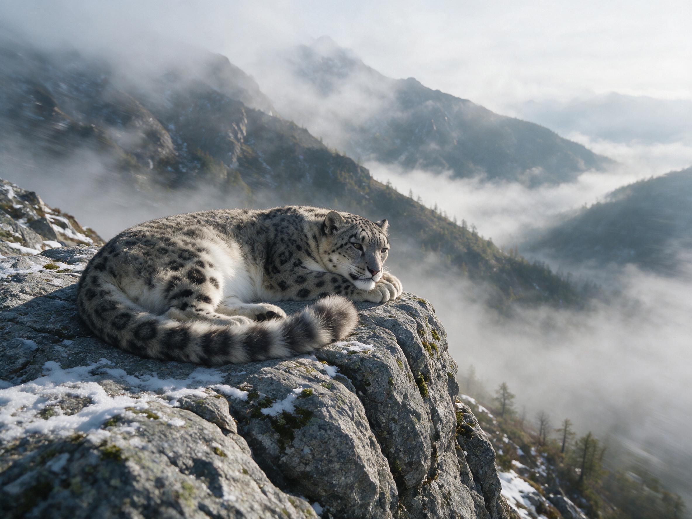 A close-up of a snow leopard resting on a rocky outcrop, its fur blending with the gray granite, soft morning light casts long shadows, misty valley in the background, slight camera motion blur adds depth, natural color palette.
