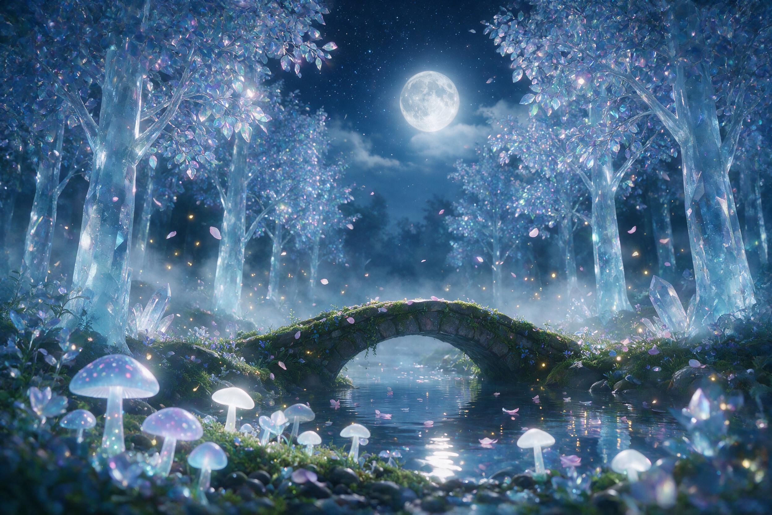 A moonlit crystal forest with translucent, glowing trees, fireflies drifting between floating petals, a small stone bridge over a mirror-like stream, soft mist, ethereal blue and violet palette, gentle lens flare, dreamy atmosphere, sharp focus on foreground mushrooms.