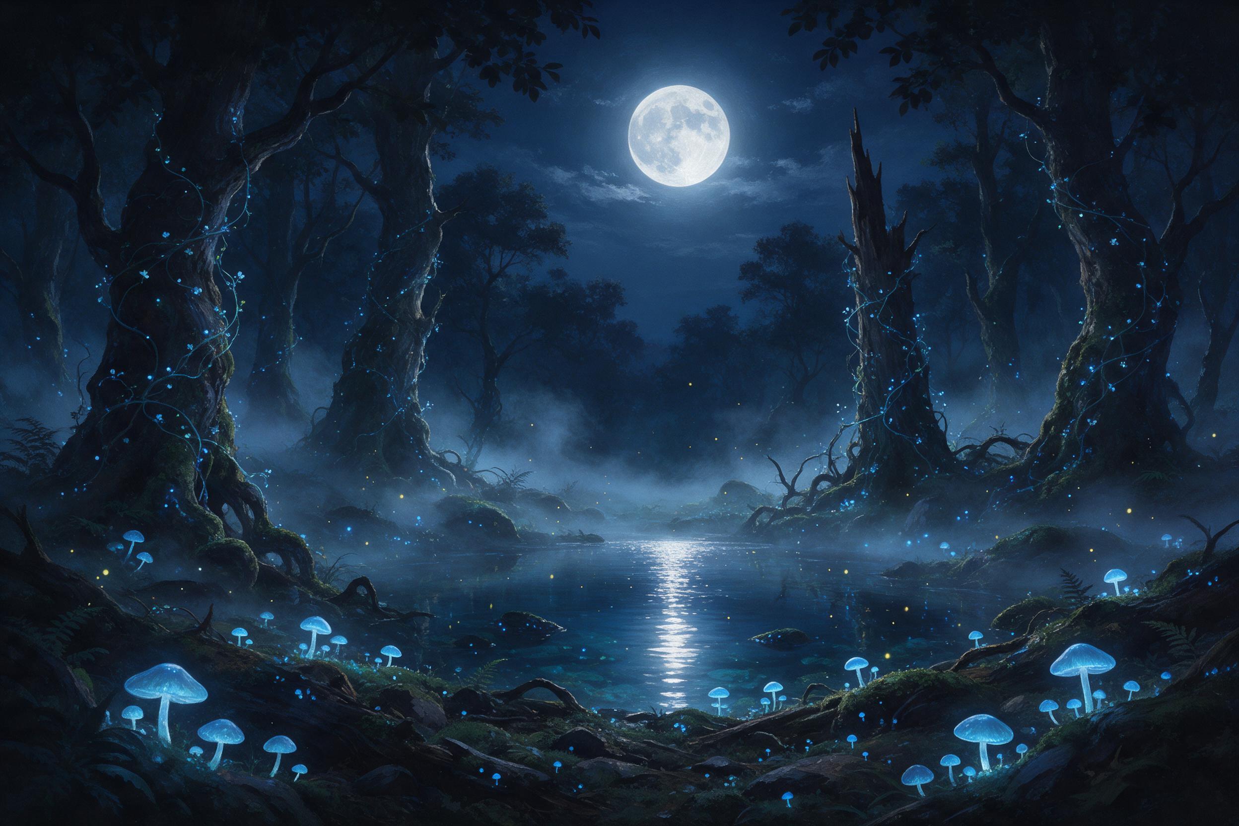 A moonlit enchanted forest clearing, glowing blue mushrooms scattered, ancient twisted trees with luminescent vines, a small crystal-clear pond reflecting the full moon, ethereal mist drifting low, soft silver highlights, deep shadows, painterly detail, serene and mysterious atmosphere