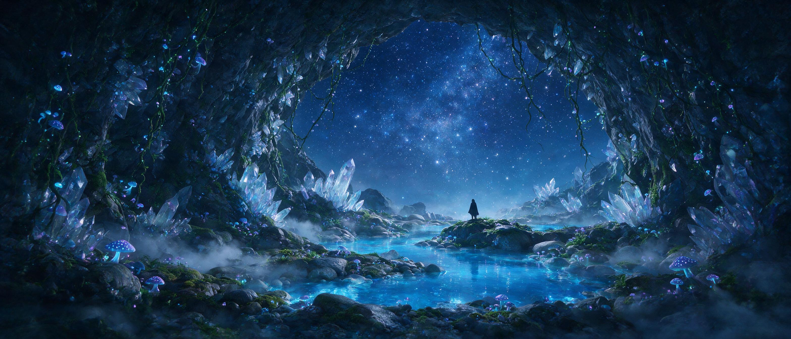 A luminous crystal cave under a starry sky, bioluminescent mushrooms and vines hanging from the ceiling, glowing blue pools reflecting the celestial light, soft mist rising from the ground, wide-angle composition with a tiny silhouette of a cloaked figure standing on a mossy rock, ethereal atmospher
