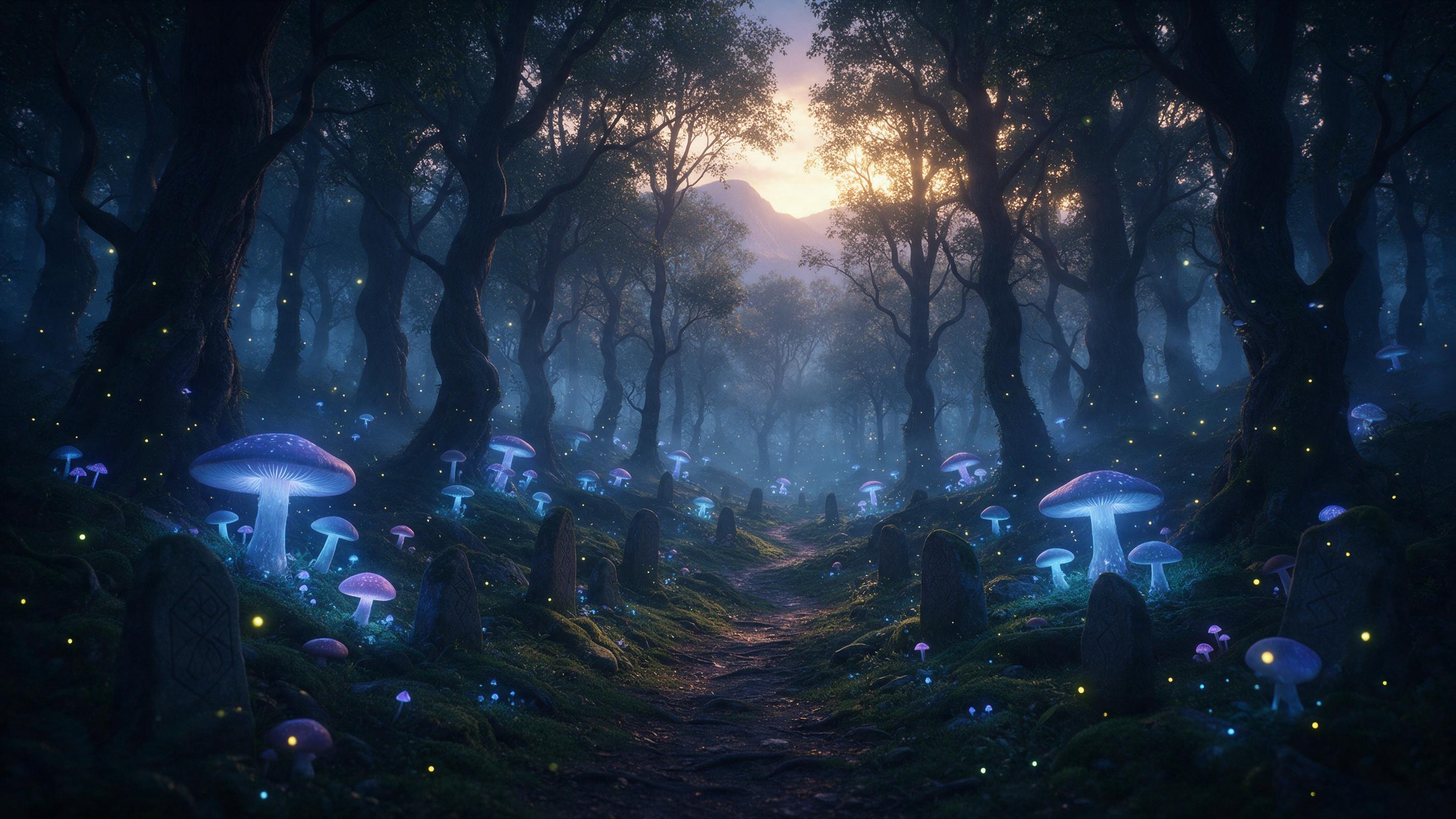 A serene bioluminescent forest at twilight, where giant glowing mushrooms cast soft blue and purple light on mossy ground, a winding path lined with ancient runestones, mist floating between tall twisted trees, fireflies sparkle in the air, distant mountains seen through the canopy, warm golden high