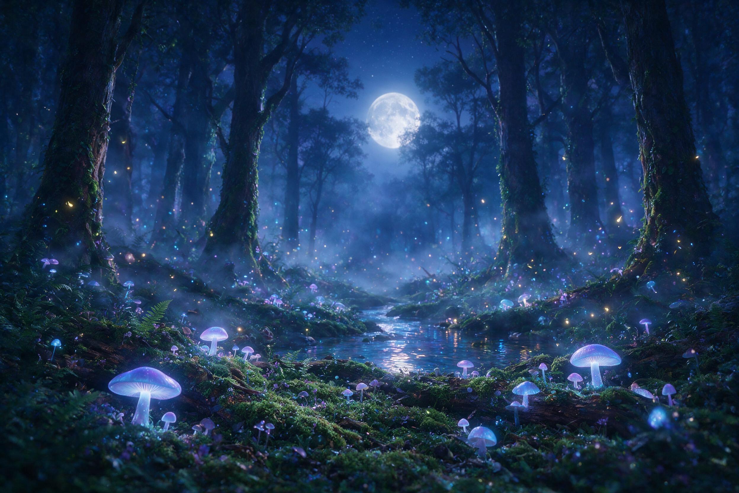 A luminous moonlit forest with bioluminescent mushrooms and floating firefly-like lights, deep blue and purple hues, misty atmosphere, soft glowing light, subtle depth of field, cinematic composition, ethereal mood, no harsh shadows