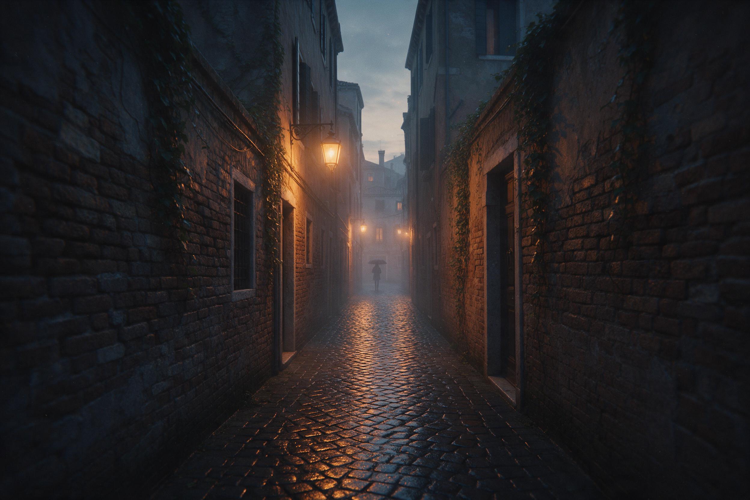 A narrow Venetian alley at twilight, wet cobblestones reflecting warm amber light from hanging lanterns, ivy creeping up aged brick walls, a lone figure with an umbrella in the distance, soft mist, cinematic composition with leading lines, subtle film grain, cool blue shadows contrasting with golden