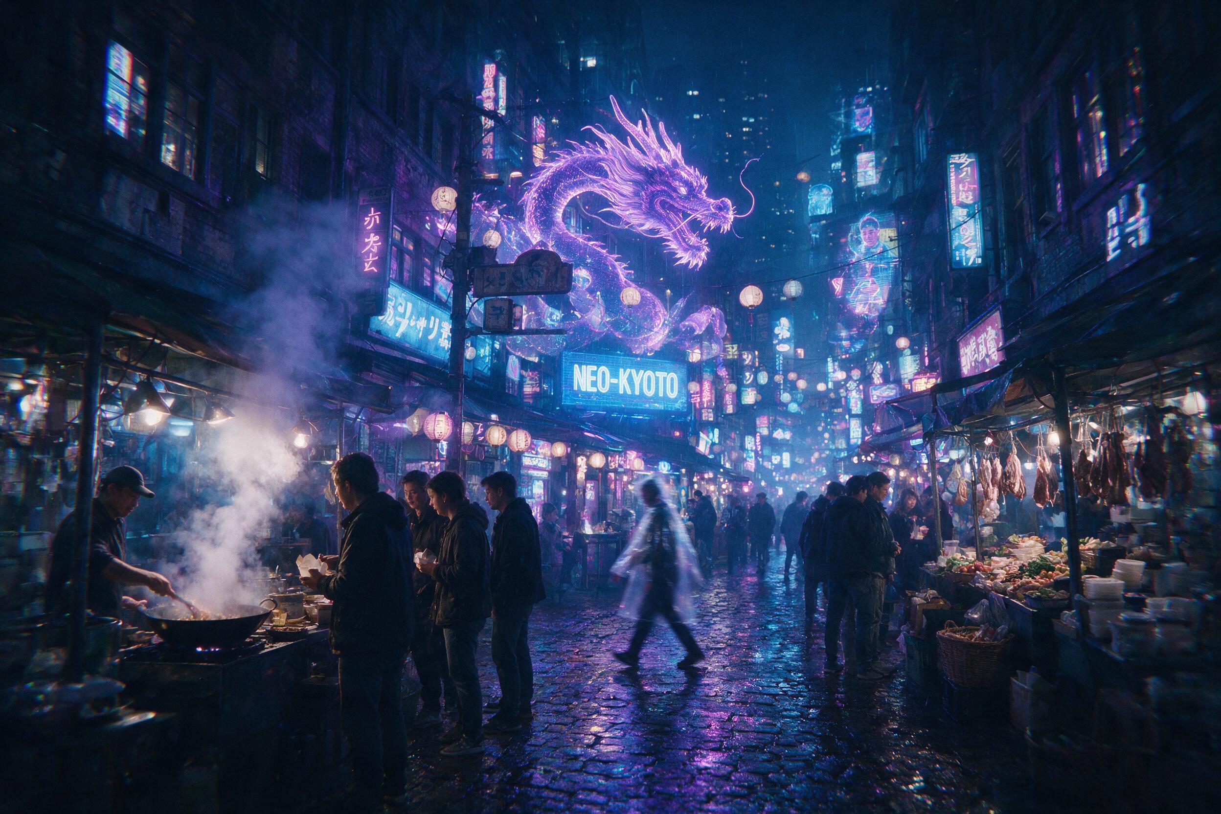 A neon-lit cyberpunk market alley at night, holographic dragon signs flicker above, rain-slicked cobblestone street reflects purple and blue lights, steam rises from a food stall, a lone figure in a transparent raincoat walks past, shot with a 35mm lens, slight motion blur and chromatic aberration, 