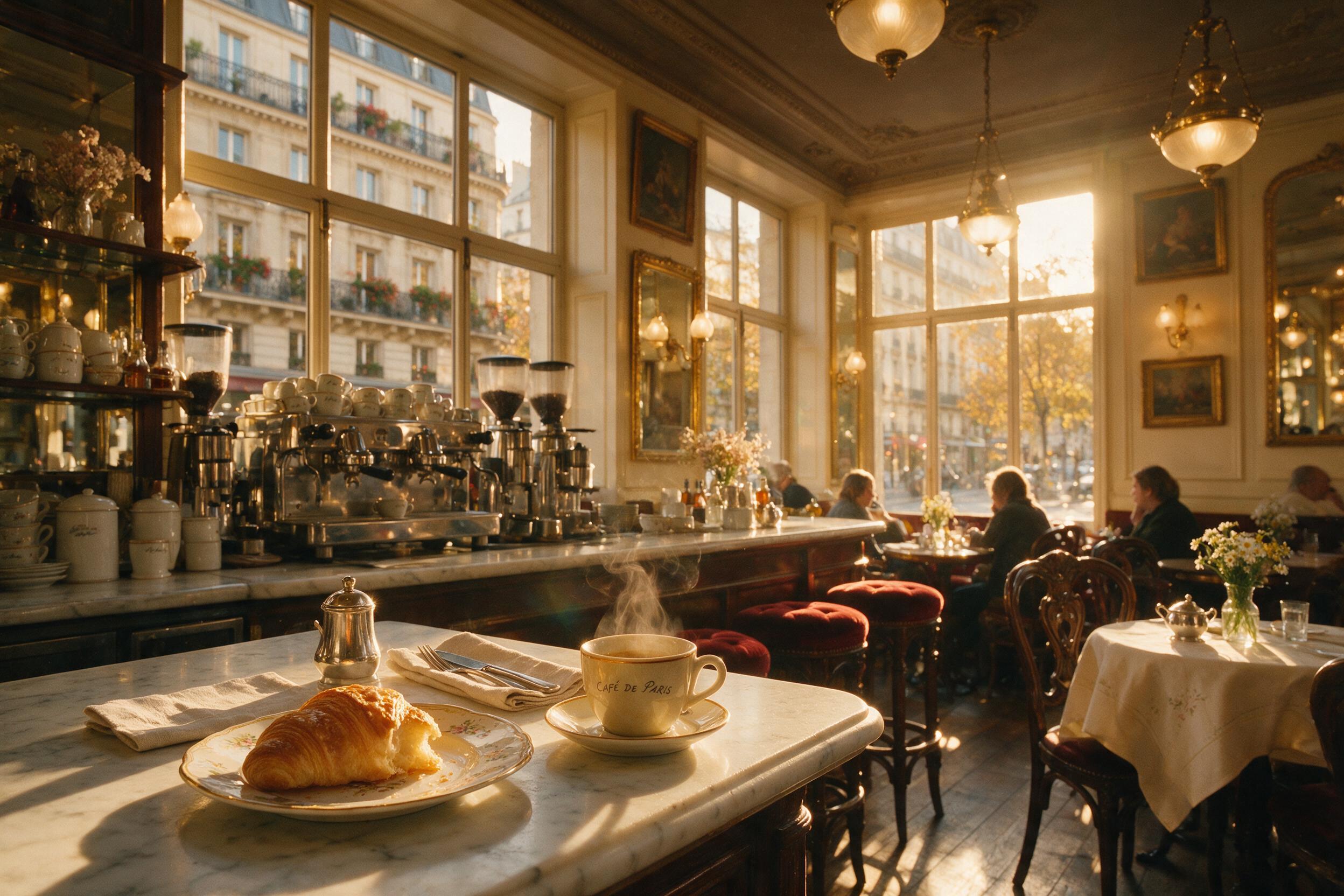 A cozy, dimly lit Parisian café interior at golden hour, warm amber light spilling through tall windows onto a marble countertop, steam rising from a ceramic espresso cup, a half-eaten croissant on a small plate, wooden chairs and soft shadows, natural film grain, slight lens flare, shallow depth of