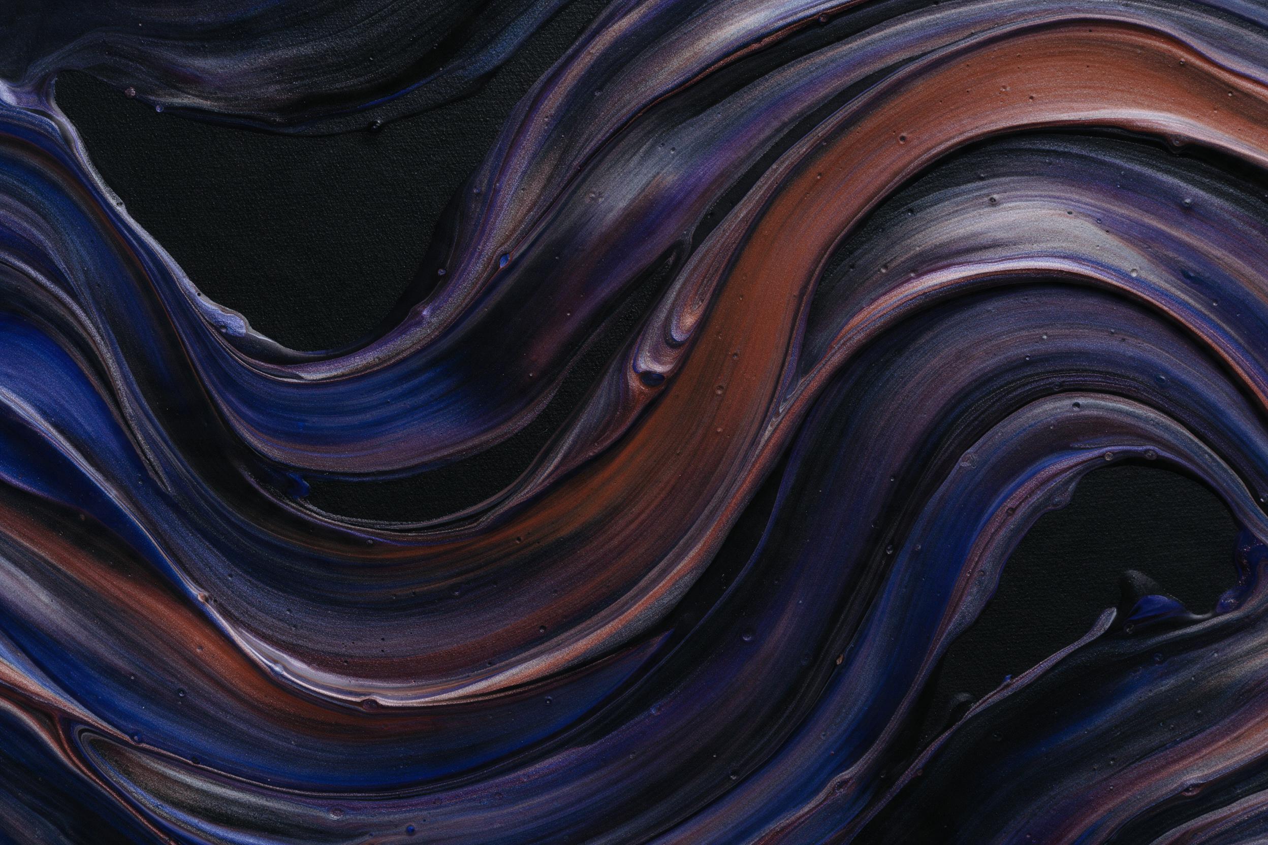 Minimalist fluid art, swirling ribbons of iridescent oil and acrylic, deep indigo and burnt sienna, floating on a black matte canvas. Macro lens perspective, soft diffused studio light creating gentle reflections, slight texture of thick paint strokes. No text or watermarks.