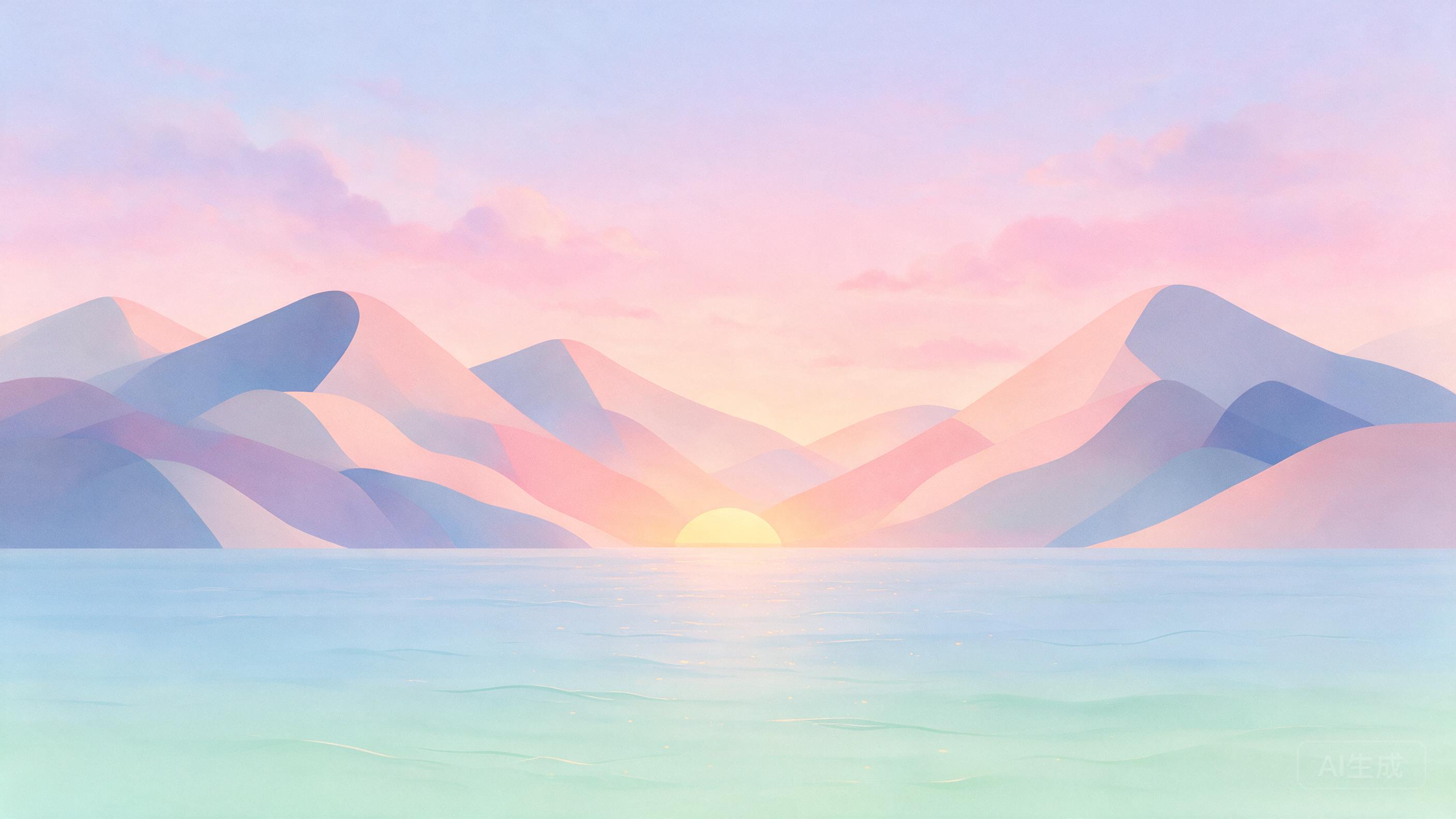Minimalist geometric landscape in pastel tones, soft gradients, abstract mountains meeting calm ocean at sunset