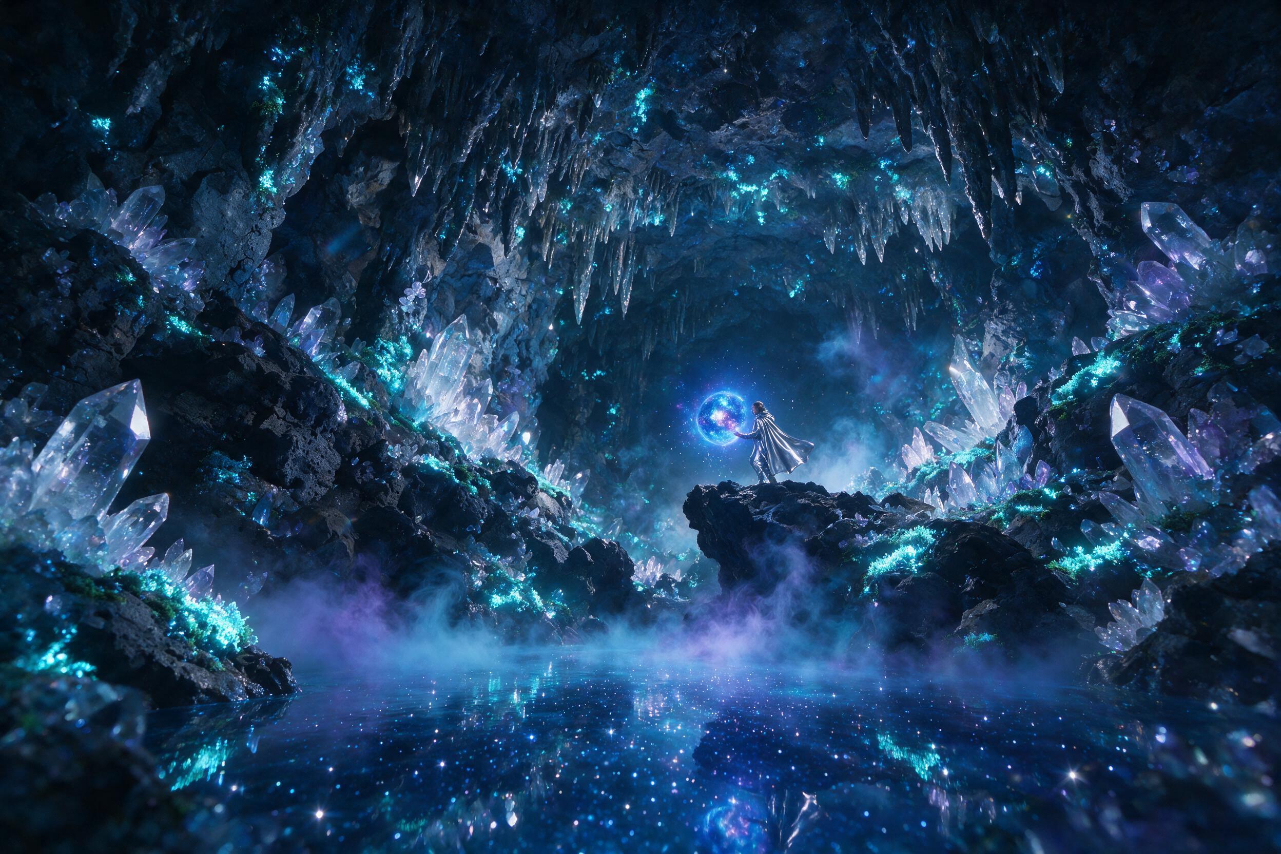 A luminous crystal cave deep underground, glowing bioluminescent moss on jagged rocks, a lone figure in a flowing silver cloak holding a blue orb, soft mist rising from a pool of starlight, cinematic lighting with blue and violet tones, slight lens flare, dynamic composition from low angle, ethereal