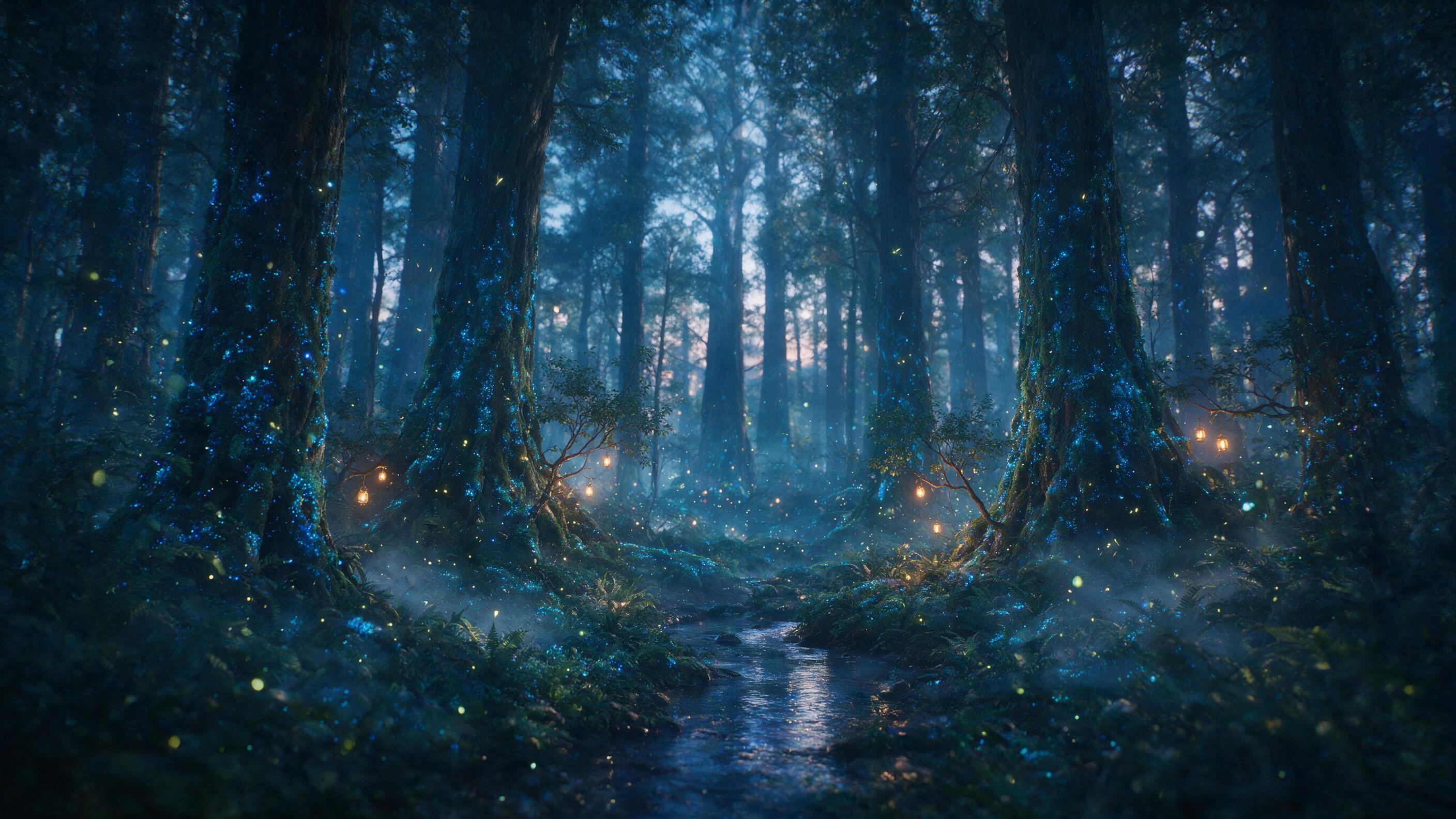 An ethereal forest at twilight, towering ancient trees with glowing blue moss, a gentle stream reflecting starlight, fireflies dancing in the air, soft mist weaving through the ferns, warm golden lanterns hanging from low branches, natural lighting, subtle bokeh effect, peaceful enchanted atmosphere