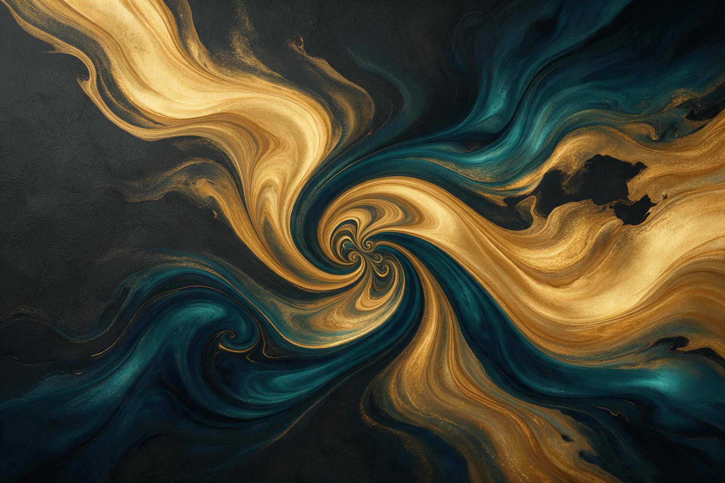 Flowing rivers of molten gold and deep teal intertwine on a dark matte canvas, with soft gradient edges and subtle fractal patterns emerging from the center; delicate light reflections create a dreamlike depth, while minimal negative space balances the composition. Natural grain texture and gentle c