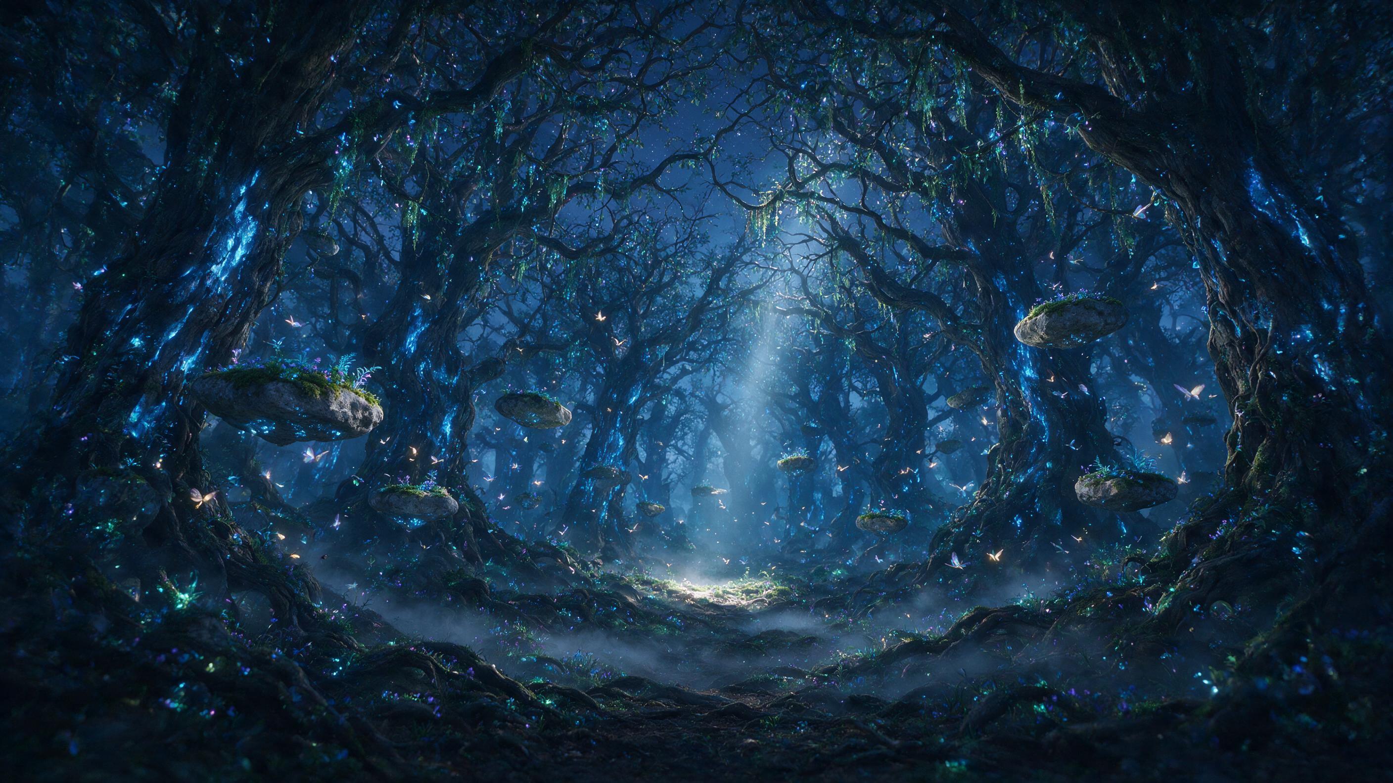 A glowing, bioluminescent forest at twilight, with ancient, twisted trees whose bark emits soft blue light. Small, winged creatures flutter between floating mossy stones. Mist clings to the ground, and a single, silver moonbeam pierces the canopy. Composition: wide angle, low vantage point, emphasiz