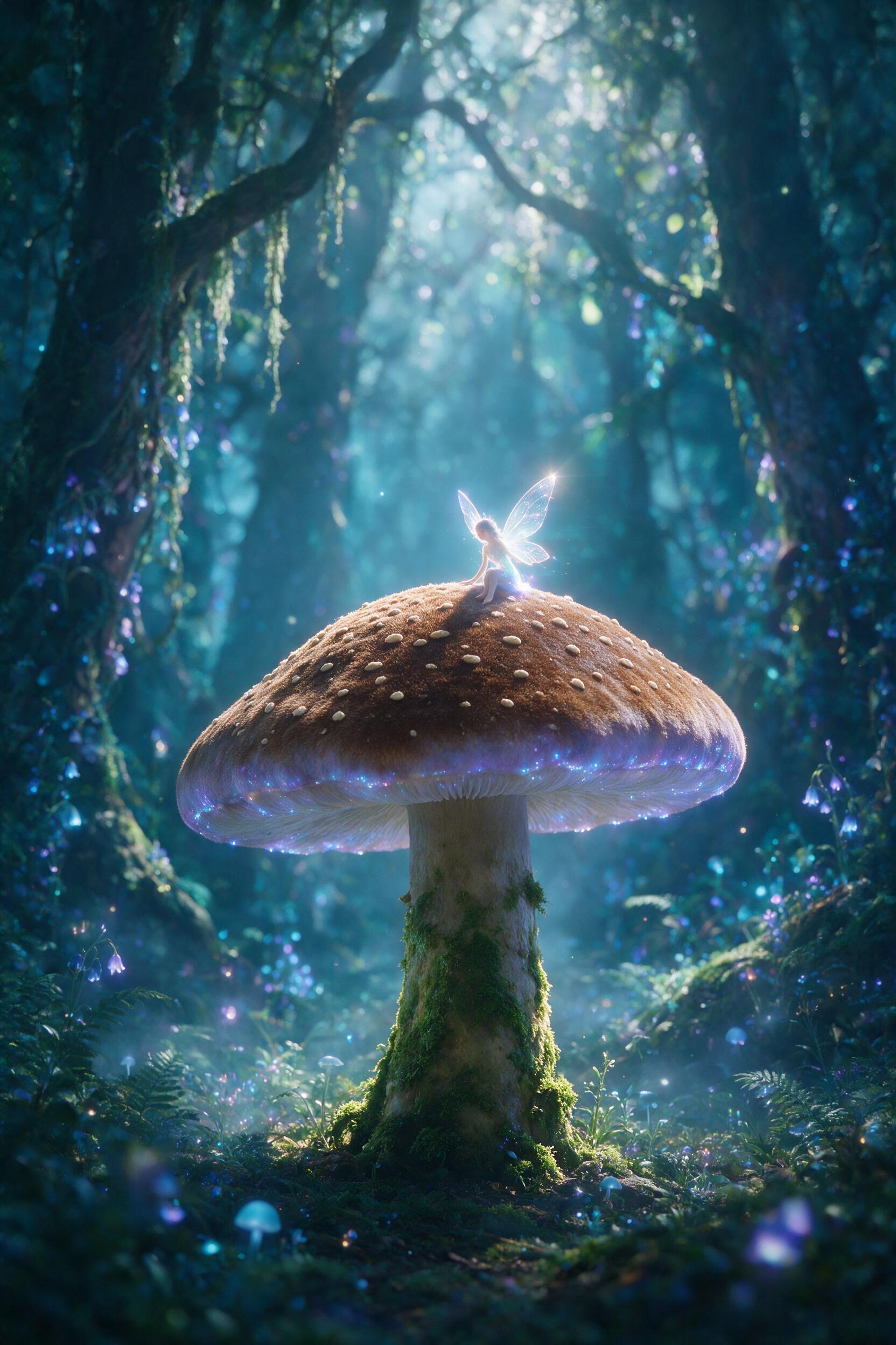 A luminous fairy with translucent wings sits on a giant mushroom in an enchanted forest, soft blue and purple bioluminescent glow, misty atmosphere, shallow depth of field, dappled moonlight filtering through ancient trees, slight lens flare, ethereal mood