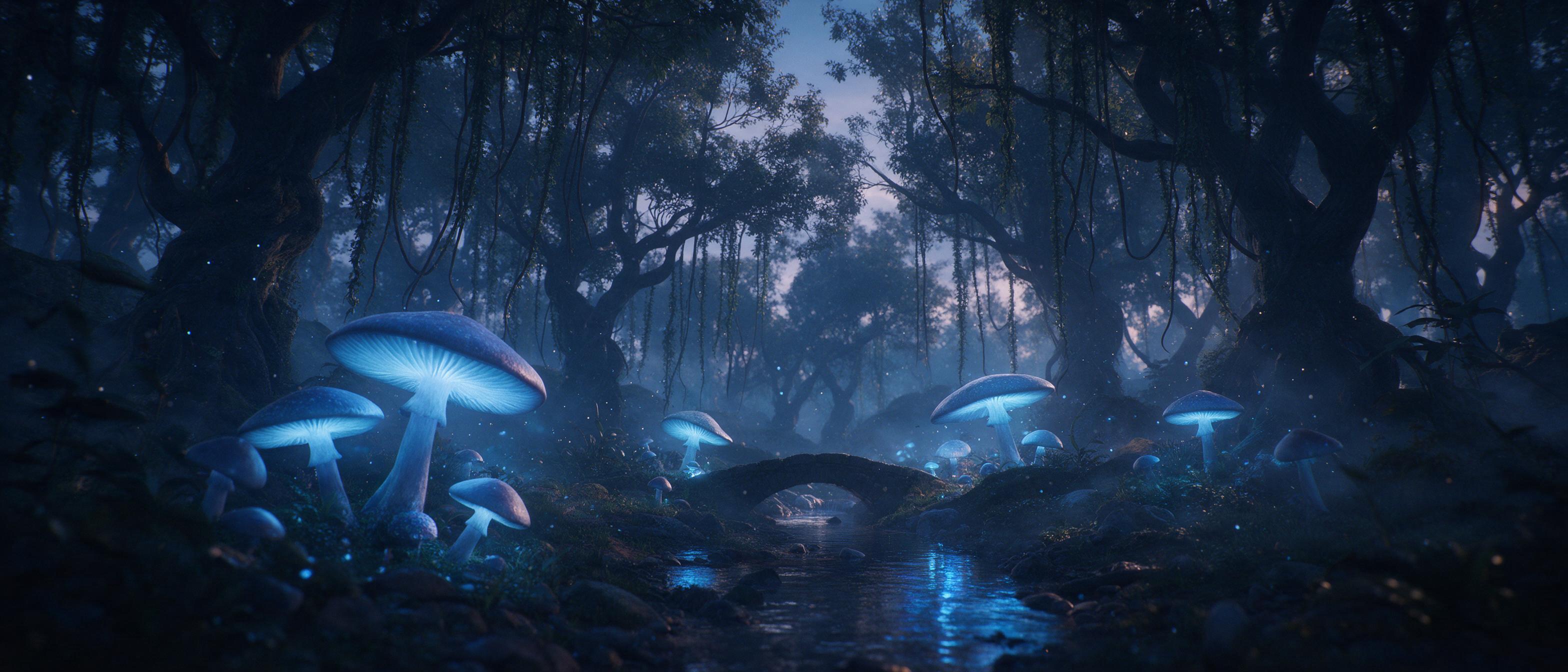A mystical forest at twilight where giant glowing mushrooms cast soft blue light, ancient twisted trees with hanging vines, floating dust particles shimmering in the air, a small stone bridge over a stream reflecting the bioluminescence, gentle mist swirling, serene and otherworldly atmosphere, cine
