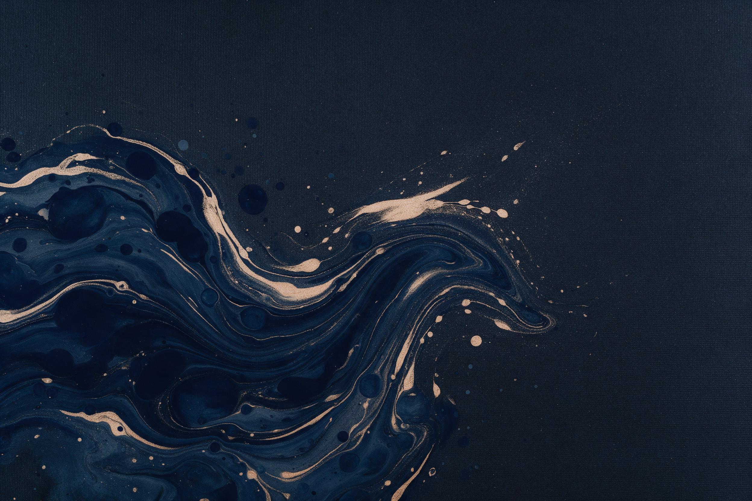 Fluid acrylic ink swirls in deep indigo and gold, organic shapes merging and splitting on dark textured canvas, soft macro light catching glossy surface ripples, minimalist composition with negative space, subtle grain, no text