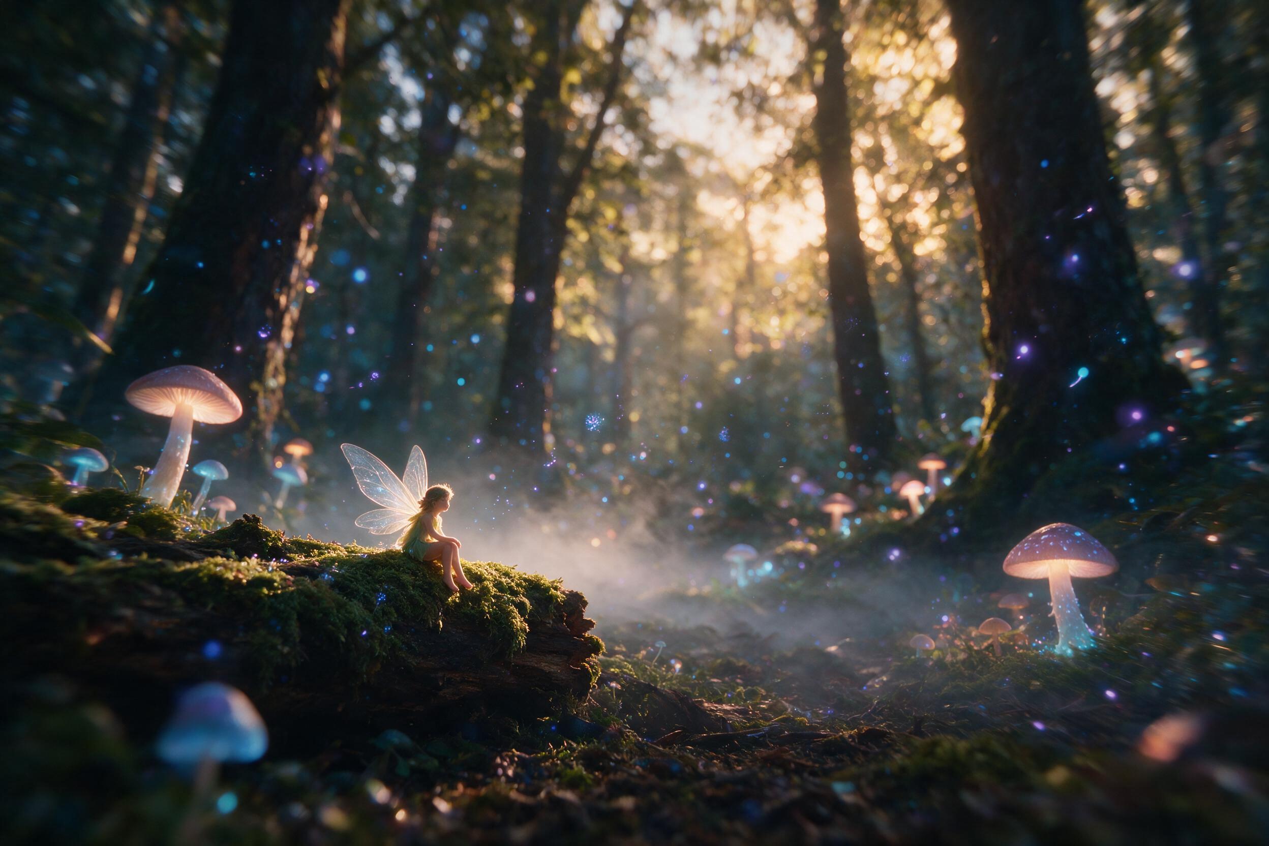 A luminous mushroom forest at twilight, glowing blue and purple spores float in the air, a small fairy with translucent wings sits on a mossy log, soft mist rolls across the ground, warm golden light filters through the canopy, shallow depth of field, dreamy atmosphere, slight camera shake, natural 