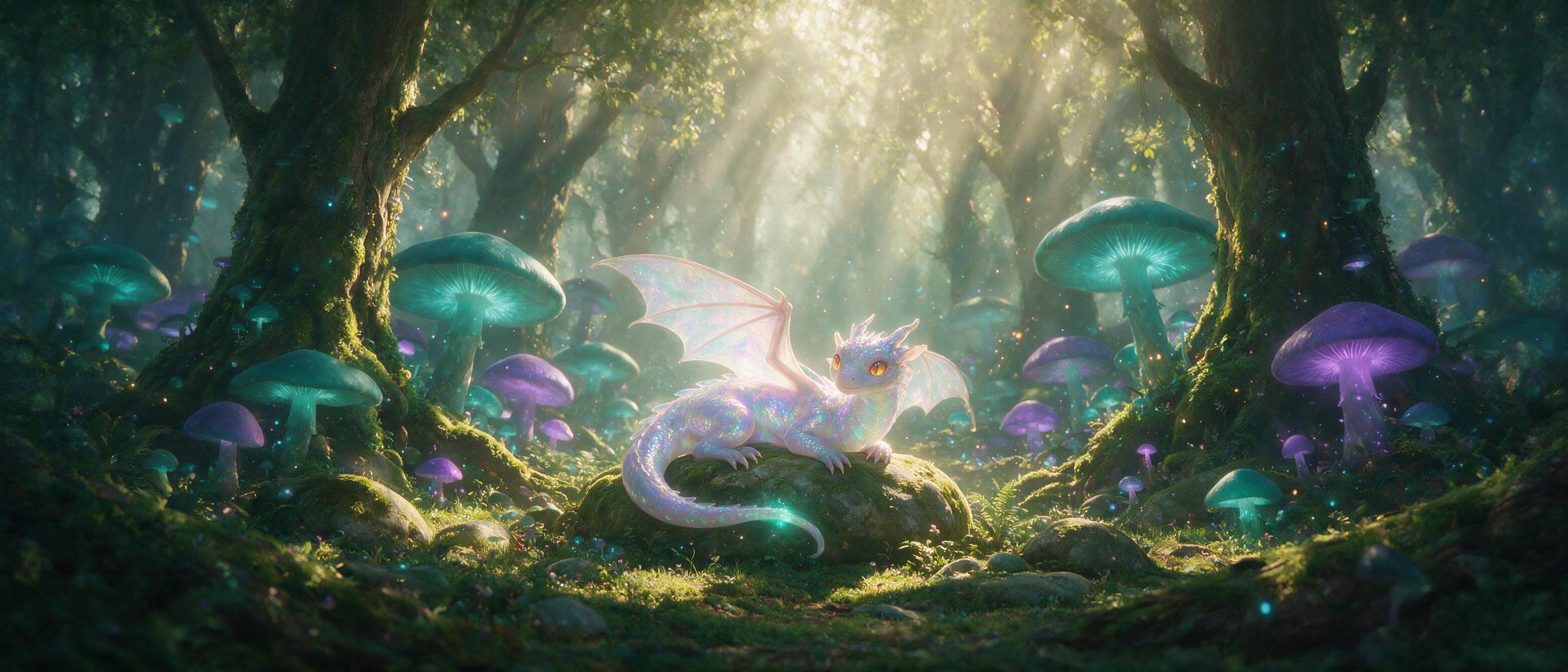 A sunlit ancient forest clearing, giant glowing mushrooms in teal and violet, a translucent dragon coiled around a mossy stone, soft volumetric light rays, floating spores like fireflies, gentle mist, cinematic composition, painterly style, no text.