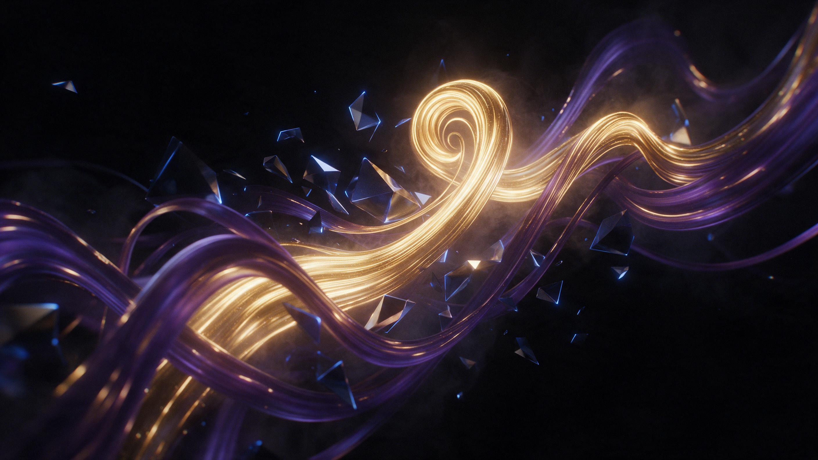 Swirling ribbons of molten gold and deep violet intertwine on a black void, sharp geometric shards catching cool blue rim light, soft haze drifting through, minimalist composition with dynamic diagonal flow, chiaroscuro contrast, subtle film grain.