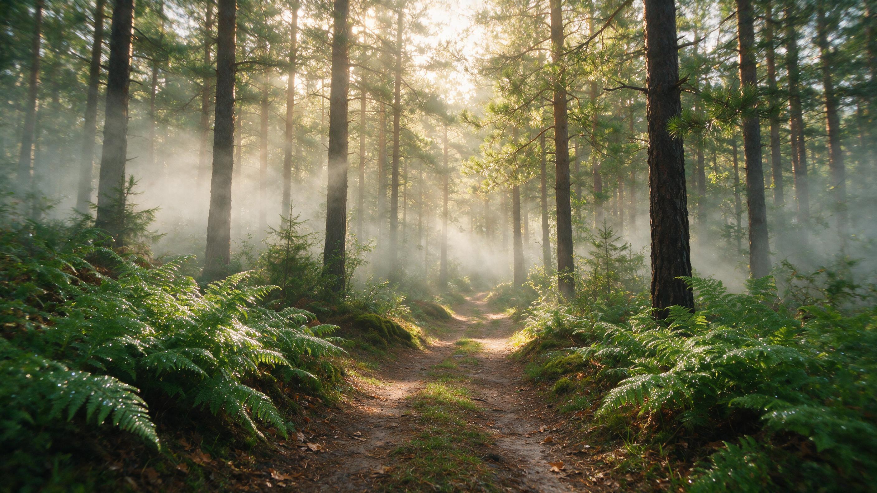 Misty morning over a dense pine forest, soft golden sunlight piercing through the canopy, winding dirt path leading into the distance, dew-covered ferns in the foreground, natural lighting with subtle haze, slight camera shake effect for realism.
