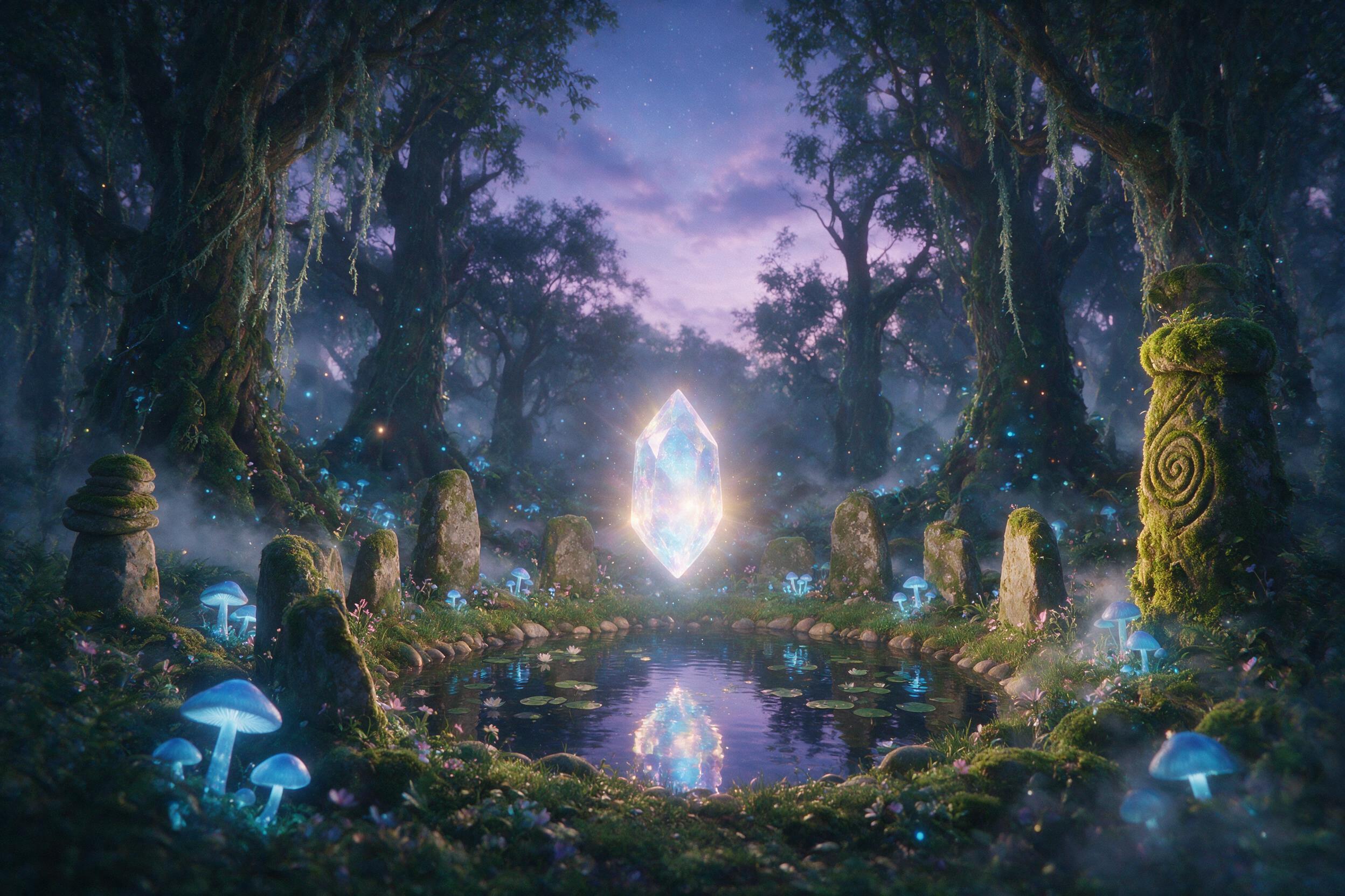 A mystical forest clearing at twilight, bioluminescent mushrooms casting soft blue light on ancient moss-covered stones, a glowing crystal floating above a small pond, mist swirling gently, ethereal atmosphere, soft lens flare, slight grain