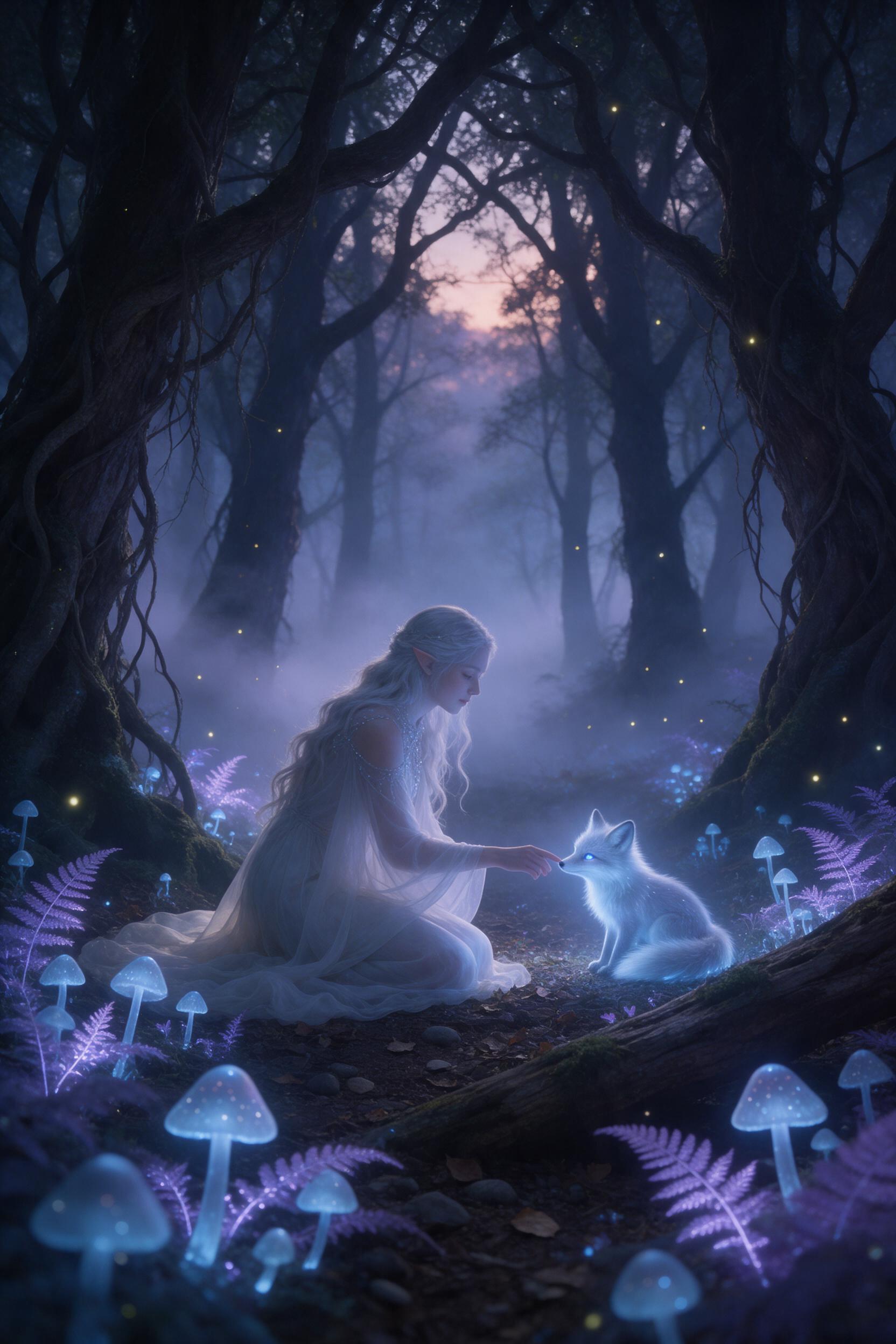 An enchanted forest clearing at twilight, where bioluminescent blue mushrooms and violet ferns glow softly. A silver-haired elf maiden, in a flowing white gown, kneels among them, her hand touching a tiny glowing fox. Mystic fog drifts between ancient trees, with scattered fireflies. Ethereal, dream