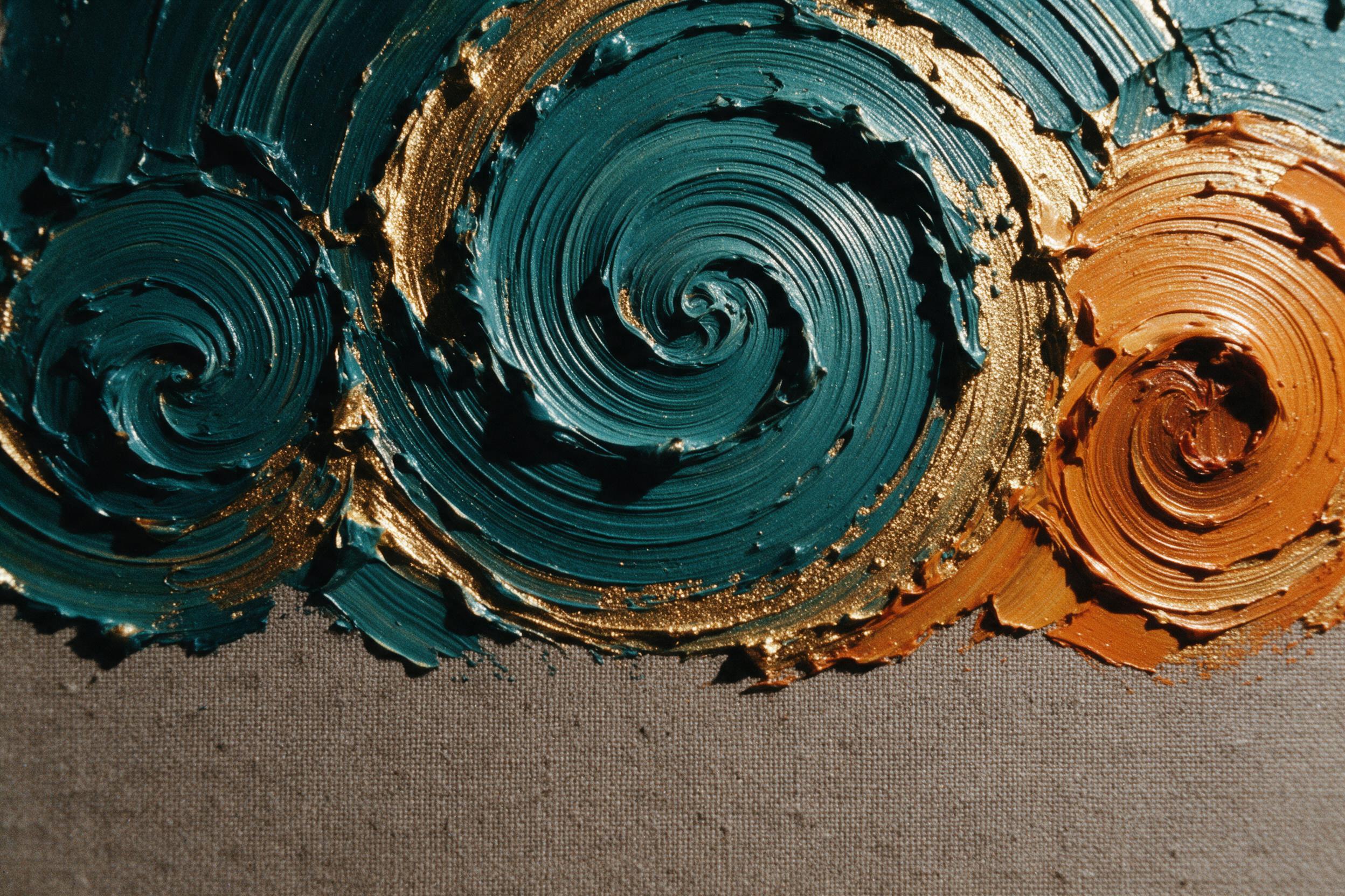 Macro shot of thick acrylic paint swirls in teal, burnt orange, and gold, with visible palette knife texture and deep ridges. Dramatic side lighting casts harsh shadows, emphasizing impasto relief. Grainy film look, slightly overexposed highlights. Minimalist composition, negative space on lower thi