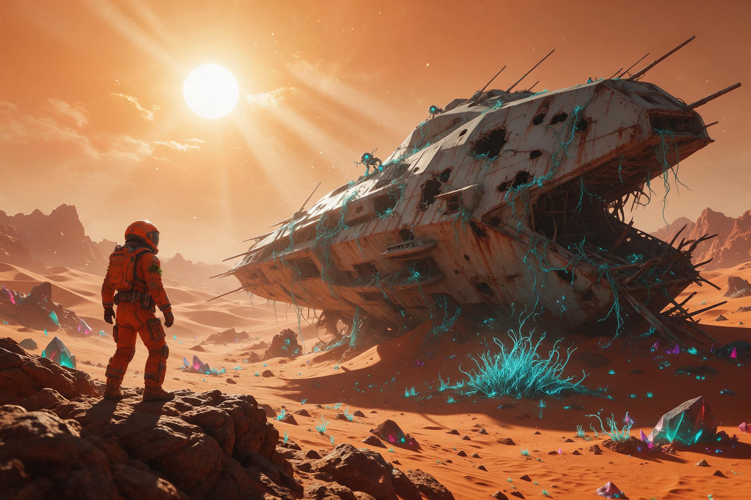A colossal derelict spaceship half-buried in a neon-lit alien desert, its hull rusted and covered in glowing cyan vines, a lone explorer in a weathered orange suit standing at the base, dust particles floating in harsh orange sunlight, dramatic long shadows, volumetric light beams piercing through b