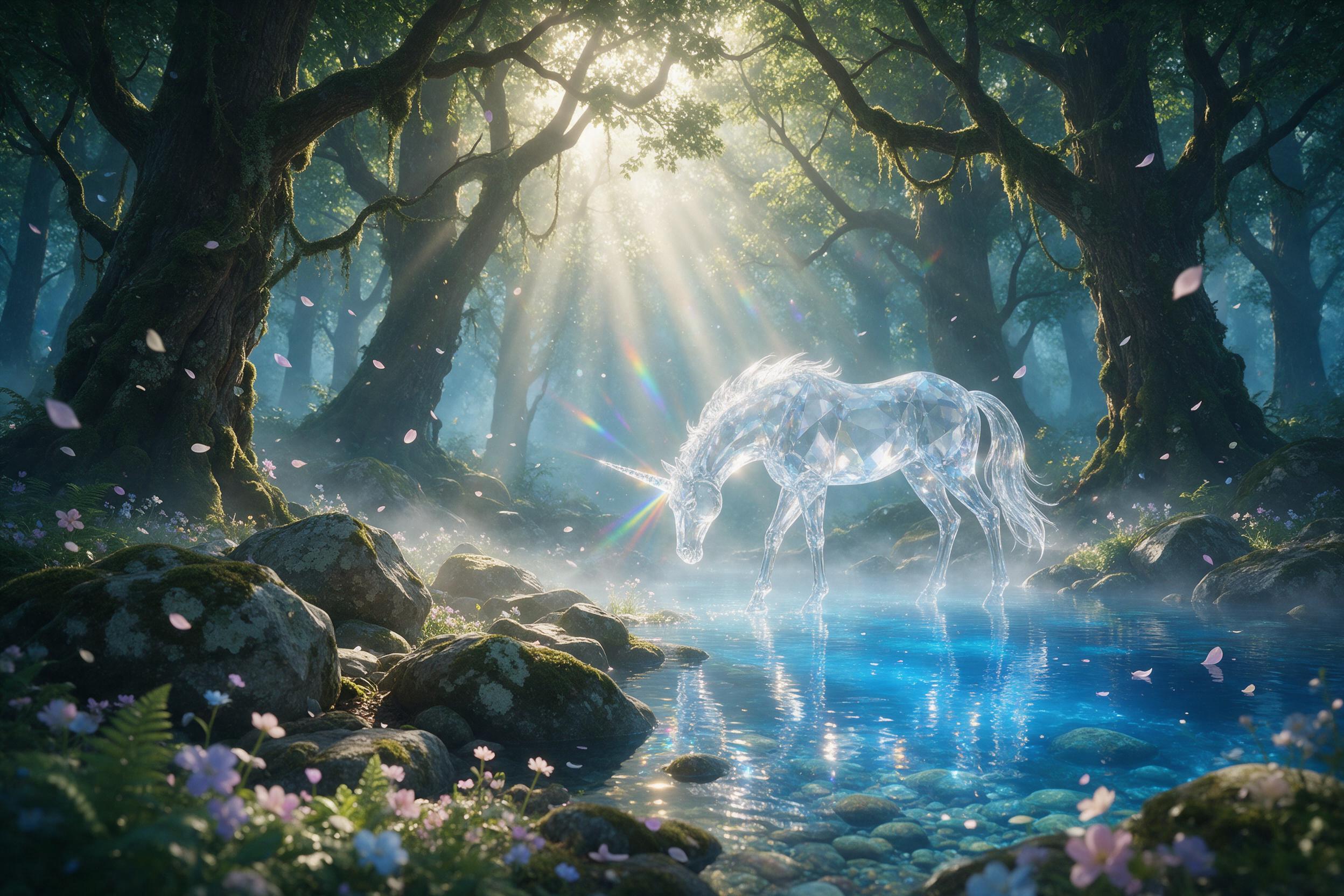 A sunlit ancient forest clearing with a crystalline unicorn grazing beside a glowing cerulean pond, its horn scattering prismatic light through misty air, mossy stones and wildflower petals floating softly, warm golden rays piercing emerald canopy, gentle fog hugging the ground, ethereal atmosphere,