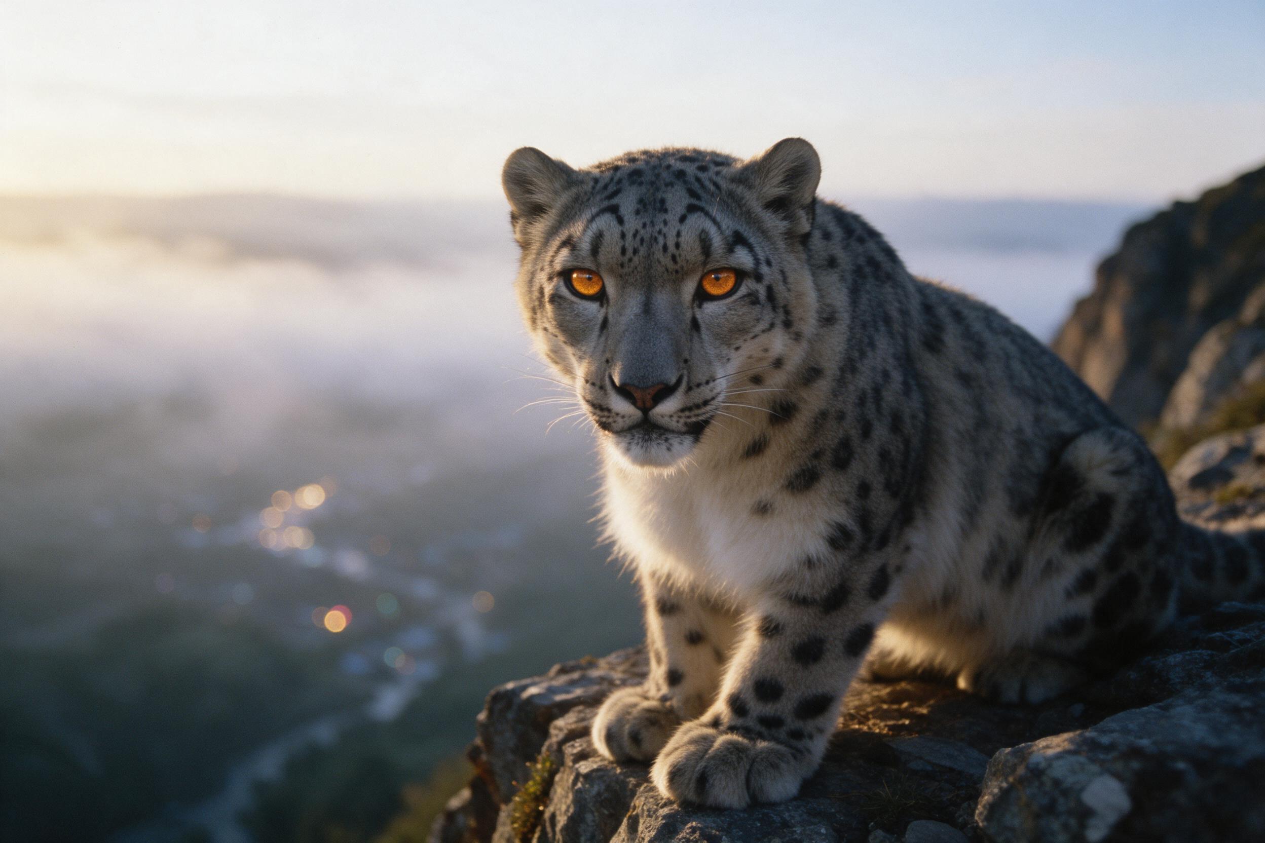 A majestic snow leopard perched on a rocky cliff edge at dawn, misty valley below, soft golden sunlight catching its fur, intense amber eyes looking directly at viewer, fine grain film texture, natural color palette, shallow depth of field, subtle bokeh in background