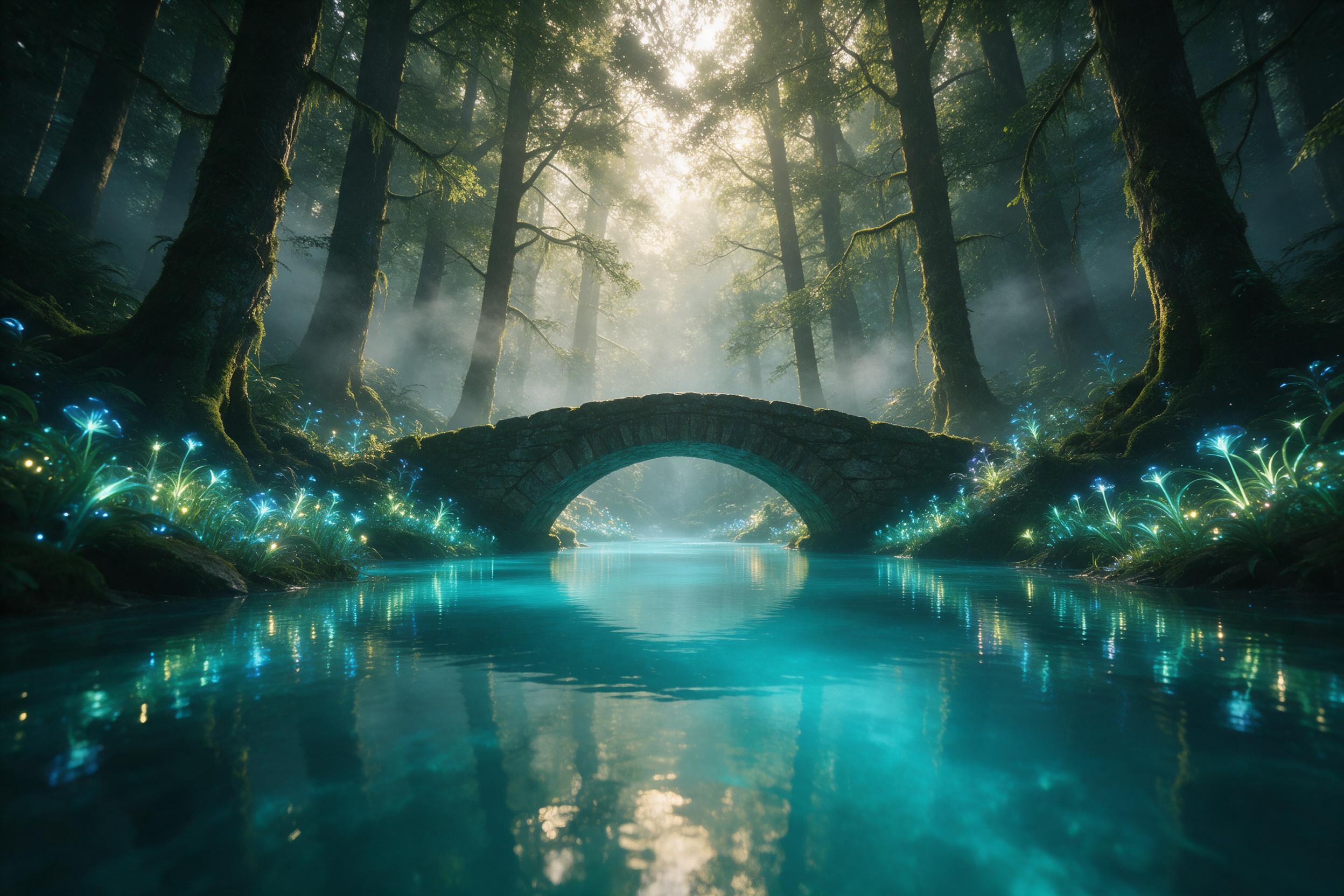 An ancient stone bridge crossing a luminous turquoise river in a deep forest, with bioluminescent glowing plants lining the banks, mist weaving through tall moss-covered trees, soft golden light filtering through the canopy above, gentle reflections on the water, ethereal atmosphere, view from a low