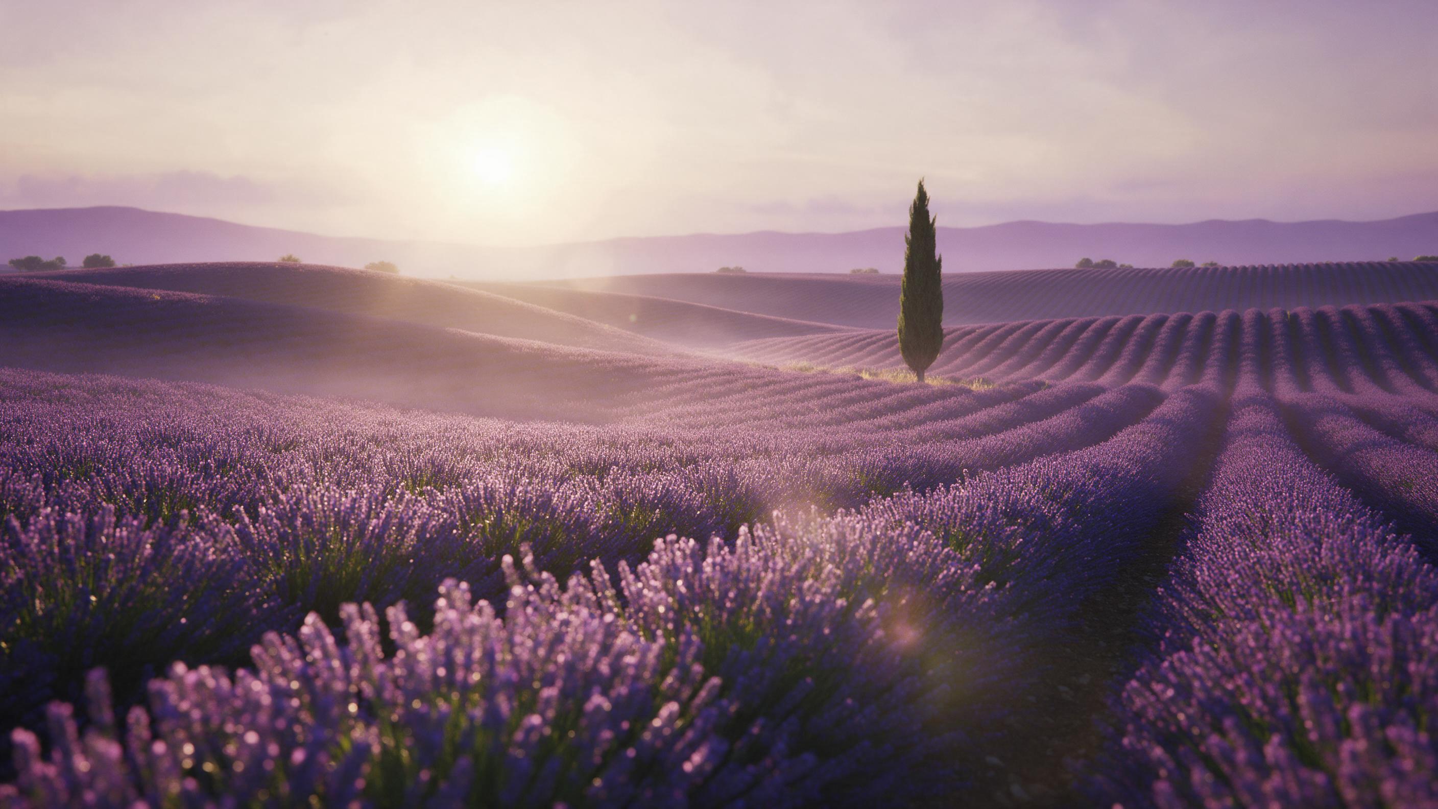A vast lavender field at golden hour, rolling hills meeting a hazy purple horizon. Soft low-angle sunlight casts long shadows, a lone cypress tree stands off-center. Gentle mist hangs over distant rows, dappled light on delicate blooms, lens flare near sun. Shallow depth of field, warm honey tones a