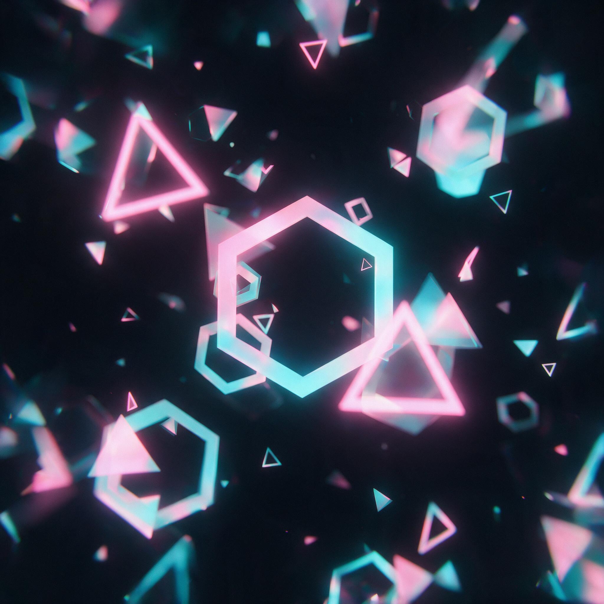 Glowing neon geometric shapes float in a dark void, soft pastel gradients of pink and cyan, triangular and hexagonal forms overlapping, slight motion blur, minimalist composition, ambient light reflections on smooth surfaces, no sharp edges or harsh shadows.