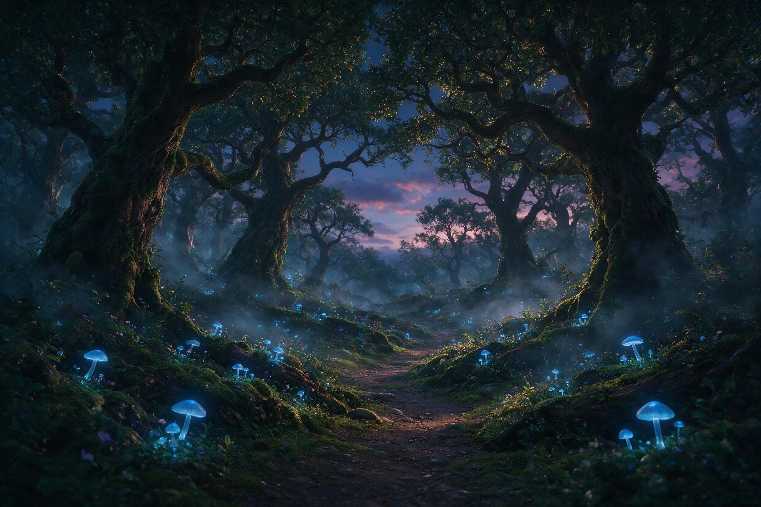 A mystical forest at twilight, with glowing blue mushrooms scattered along a winding path, soft bioluminescent light filtering through ancient trees, ethereal mist swirling around, gentle haze, dreamlike atmosphere, no sharp edges