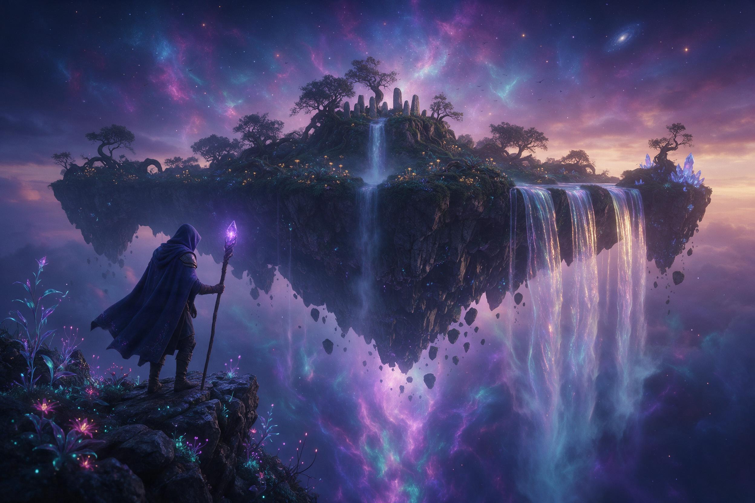 An ethereal floating island hovering above a glowing abyss at twilight, with iridescent waterfalls cascading into mist, surrounded by bioluminescent flora and drifting nebulae. A lone hooded figure holding a glowing crystal staff stands on a rocky edge, peering into the void. Warm violet and teal li