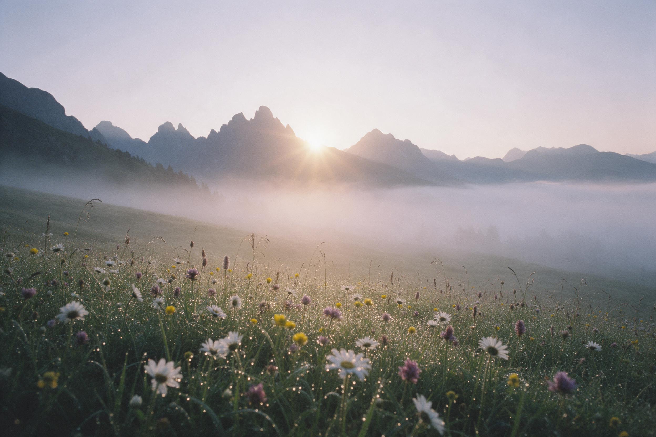A misty alpine meadow at dawn, dew-covered wildflowers in the foreground, the sun breaking over jagged peaks, a soft valley fog below, muted pastel tones with warm golden light, shot on medium-format film, gentle natural grain and slight vignette