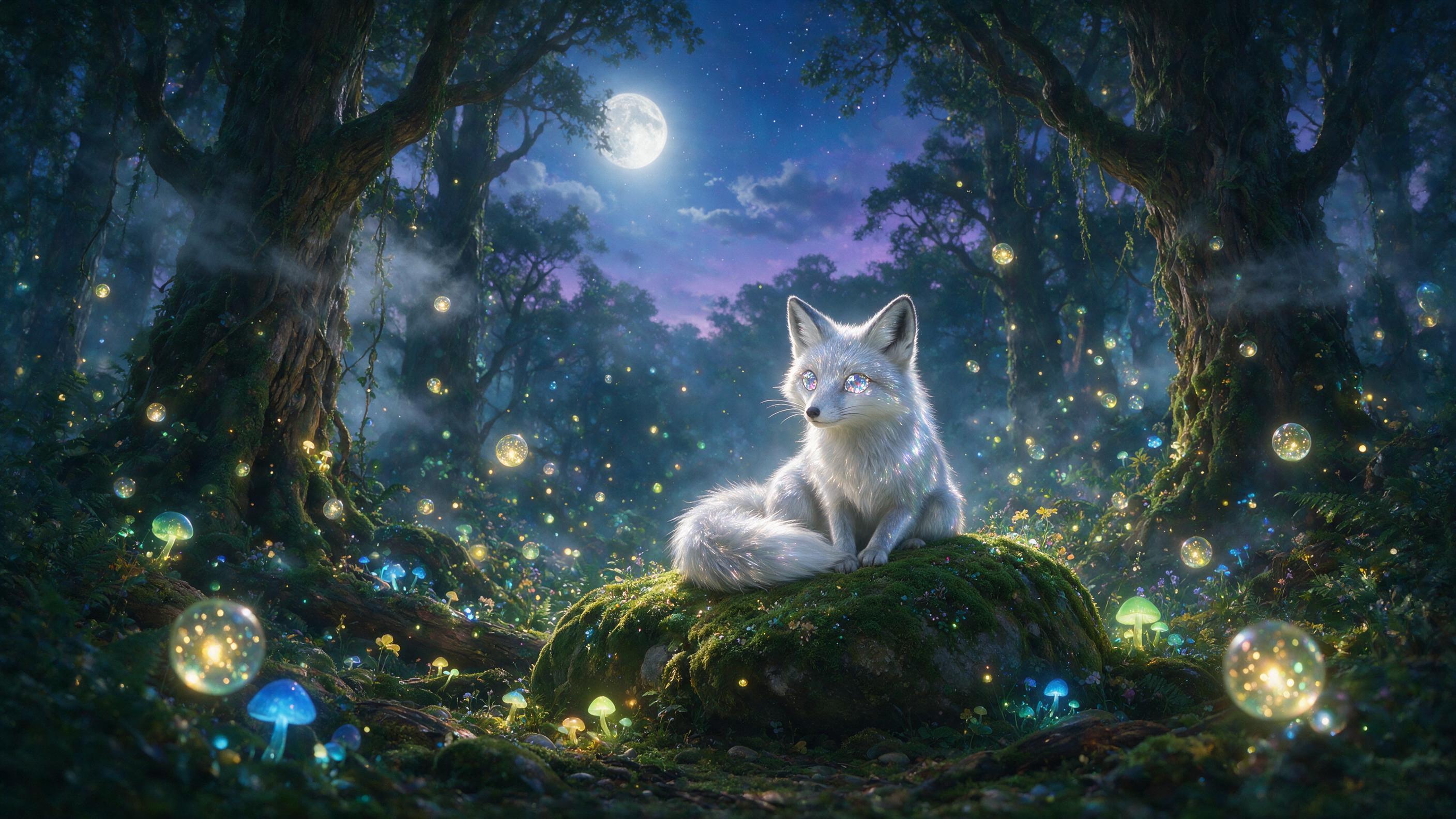 A luminous moonlit forest with bioluminescent mushrooms and floating glowing orbs, soft mist weaving between ancient gnarled trees, a silver fox with crystal eyes resting on a mossy rock, deep blue and violet twilight sky, ethereal light rays piercing through canopy, painterly texture