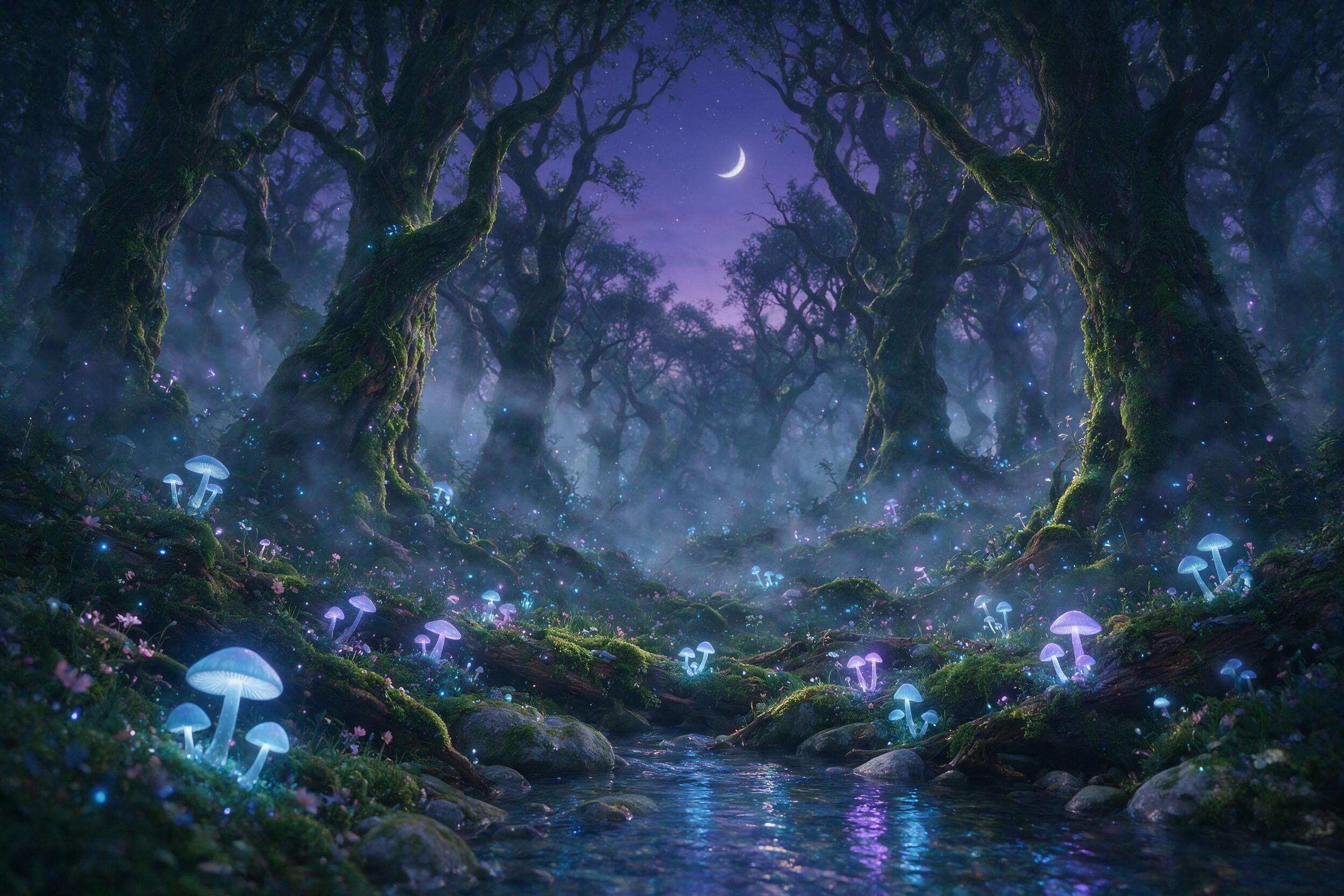 A luminous forest at twilight, glowing mushrooms and fireflies casting soft blue and purple light, mist swirling between ancient gnarled trees, a small crystal-clear stream reflecting the bioluminescence, shallow depth of field, ethereal and dreamlike atmosphere, soft diffused lighting