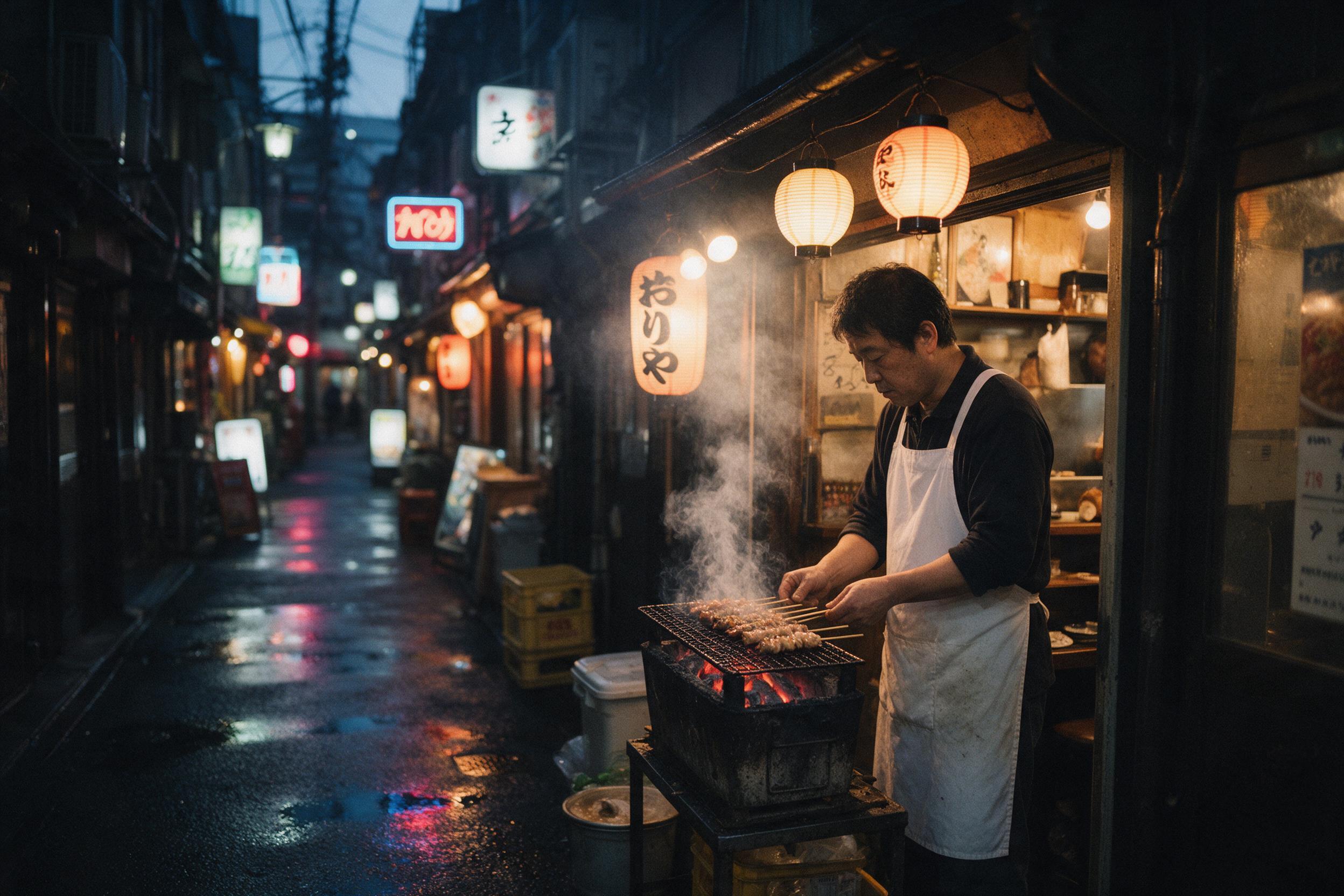 A narrow back alley in Osaka at dusk, rain-slicked asphalt reflecting neon signs, a lone cook in a white apron grilling skewers over a charcoal brazier outside a tiny izakaya, steam rising, warm lantern light mixing with cool blue twilight, shallow depth of field, slight grain