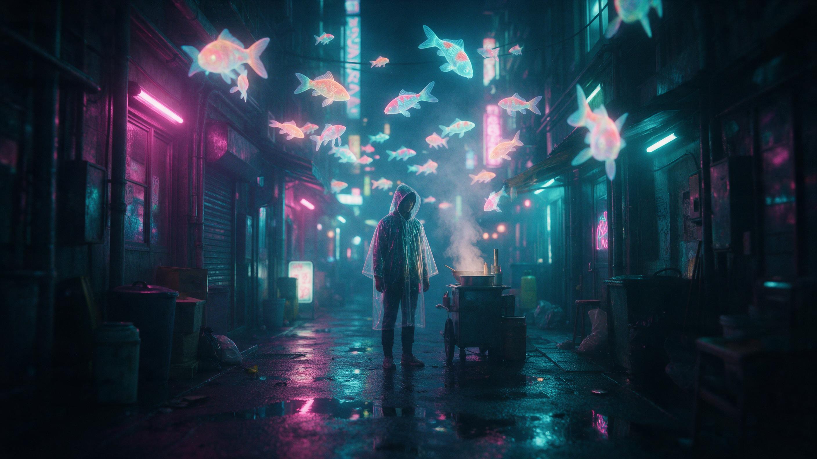 A rain-slicked neon alley in Neo-Tokyo at midnight, holographic koi fish swimming through the air, steam rising from a noodle stand, reflective puddles mirroring pink and cyan signs, a lone figure in a transparent raincoat, cinematic haze, shallow depth of field.